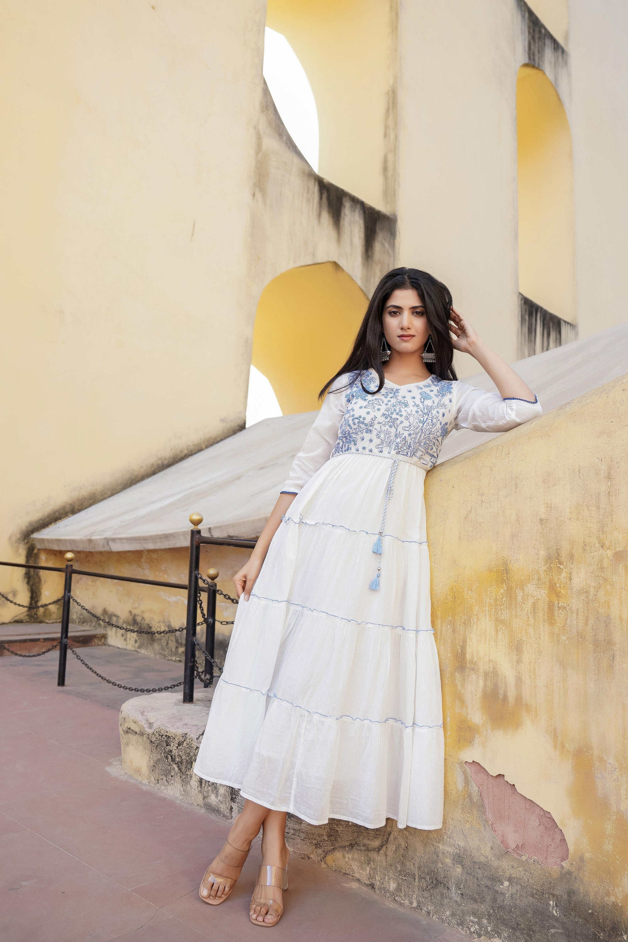 White Tiered Ethnic Maxi Dress with Powder Blue Floral Embroidery