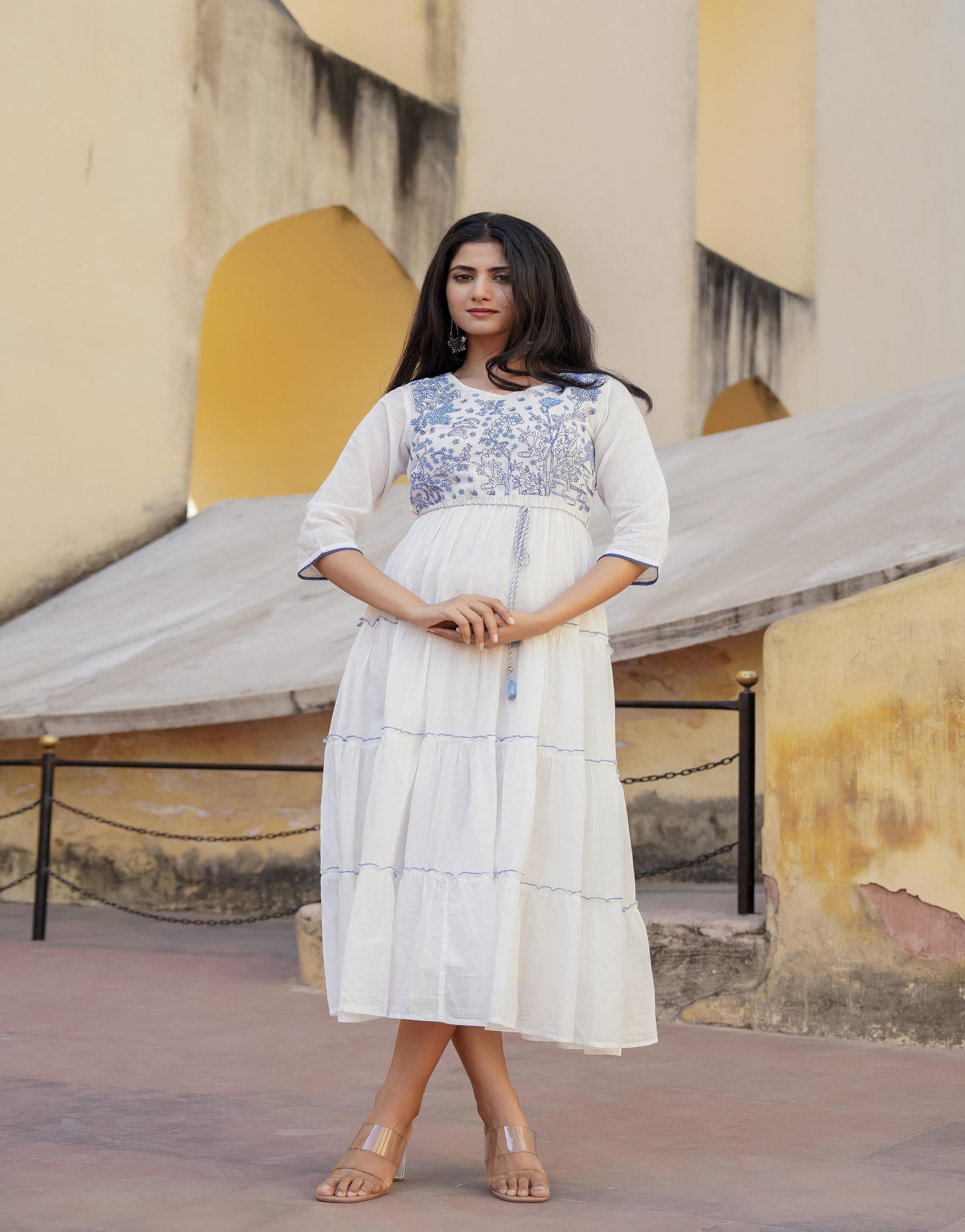 White Tiered Ethnic Maxi Dress with Powder Blue Floral Embroidery