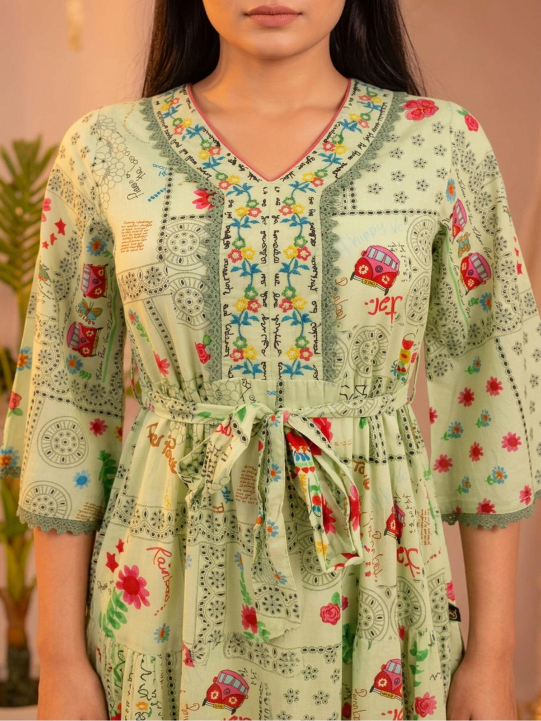 Mint Green Floral Folk Printed Tiered Maxi Dress
