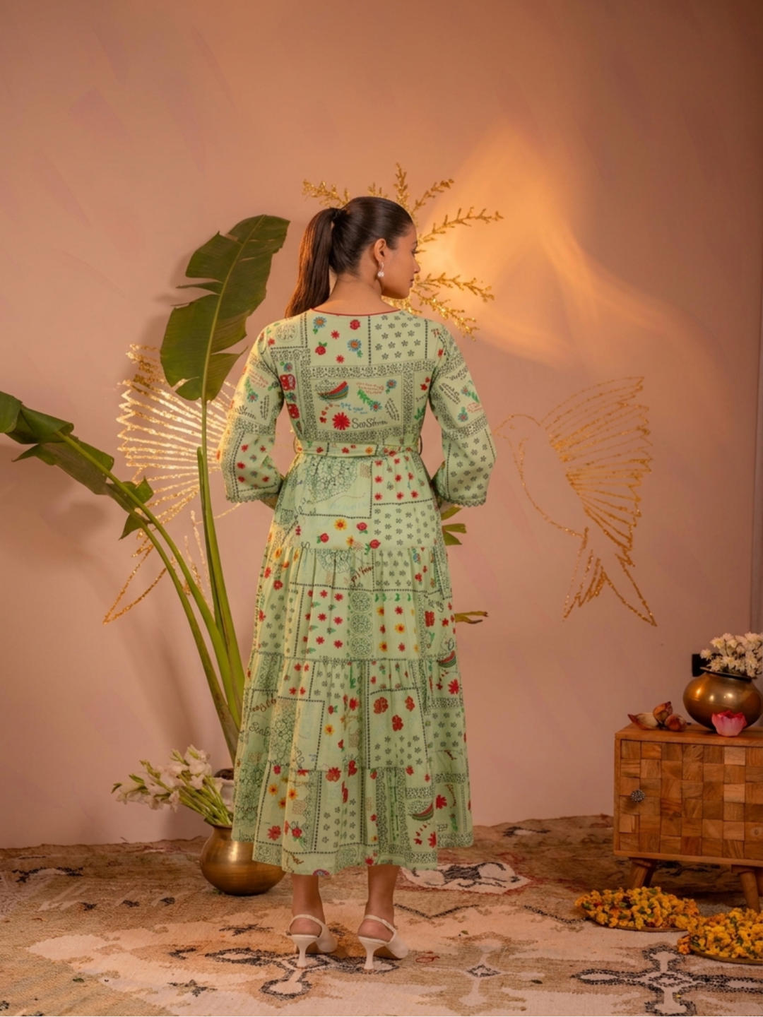 Mint Green Floral Folk Printed Tiered Maxi Dress