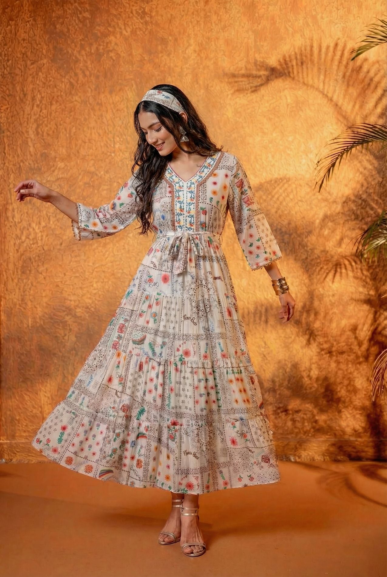 Off-White Floral Folk Printed Tiered Maxi Dress