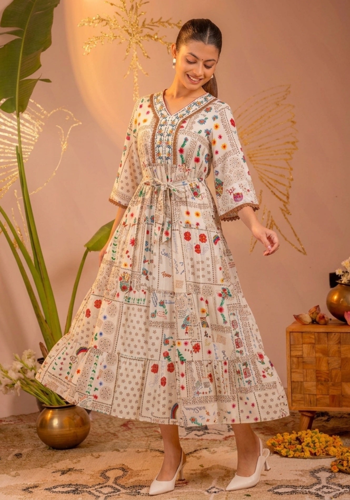 Off-White Floral Folk Printed Tiered Maxi Dress