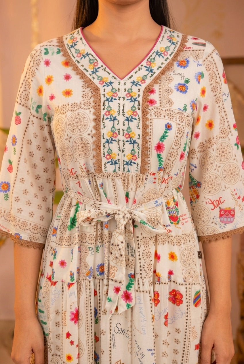 Off-White Floral Folk Printed Tiered Maxi Dress