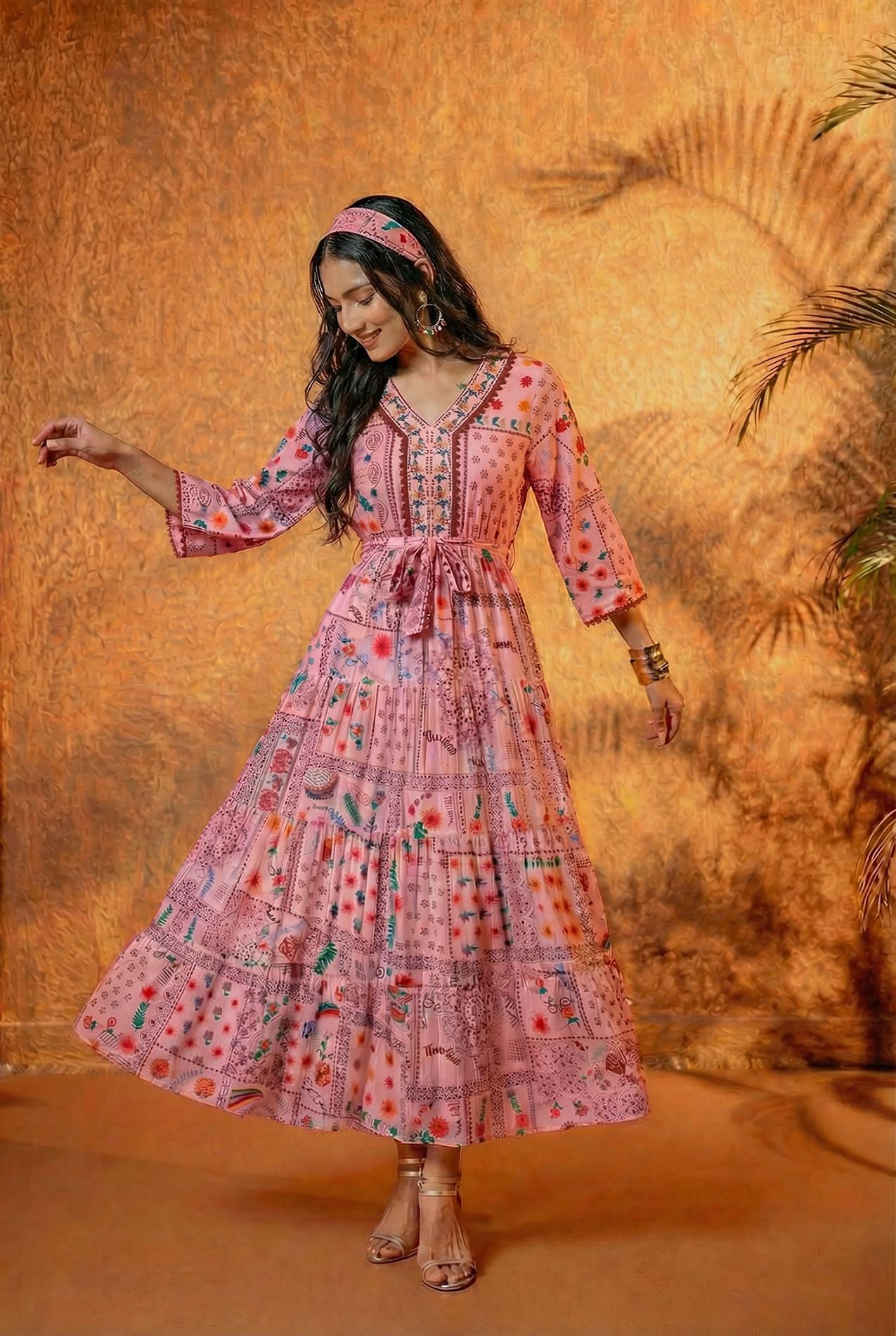 Onion Pink Floral Folk Printed Tiered Maxi Dress