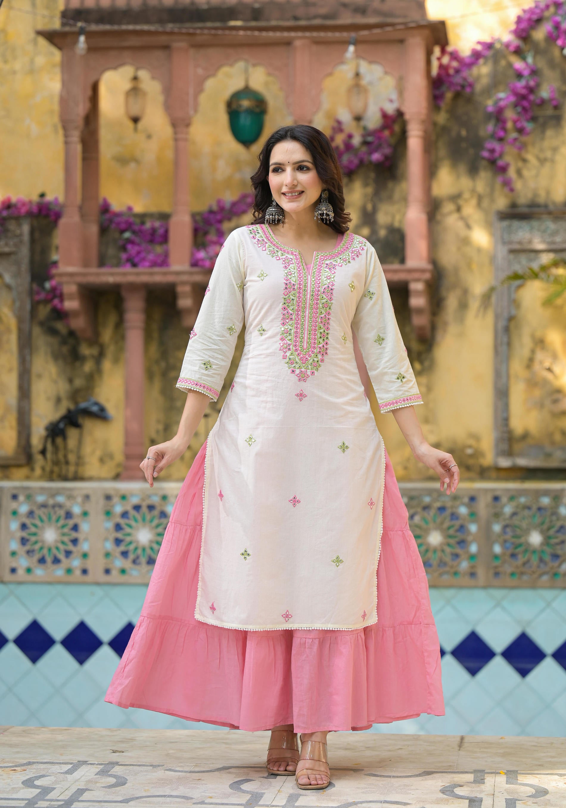 Ivory & Pink Solid Cotton Long Dress With Thread & Mirror Work