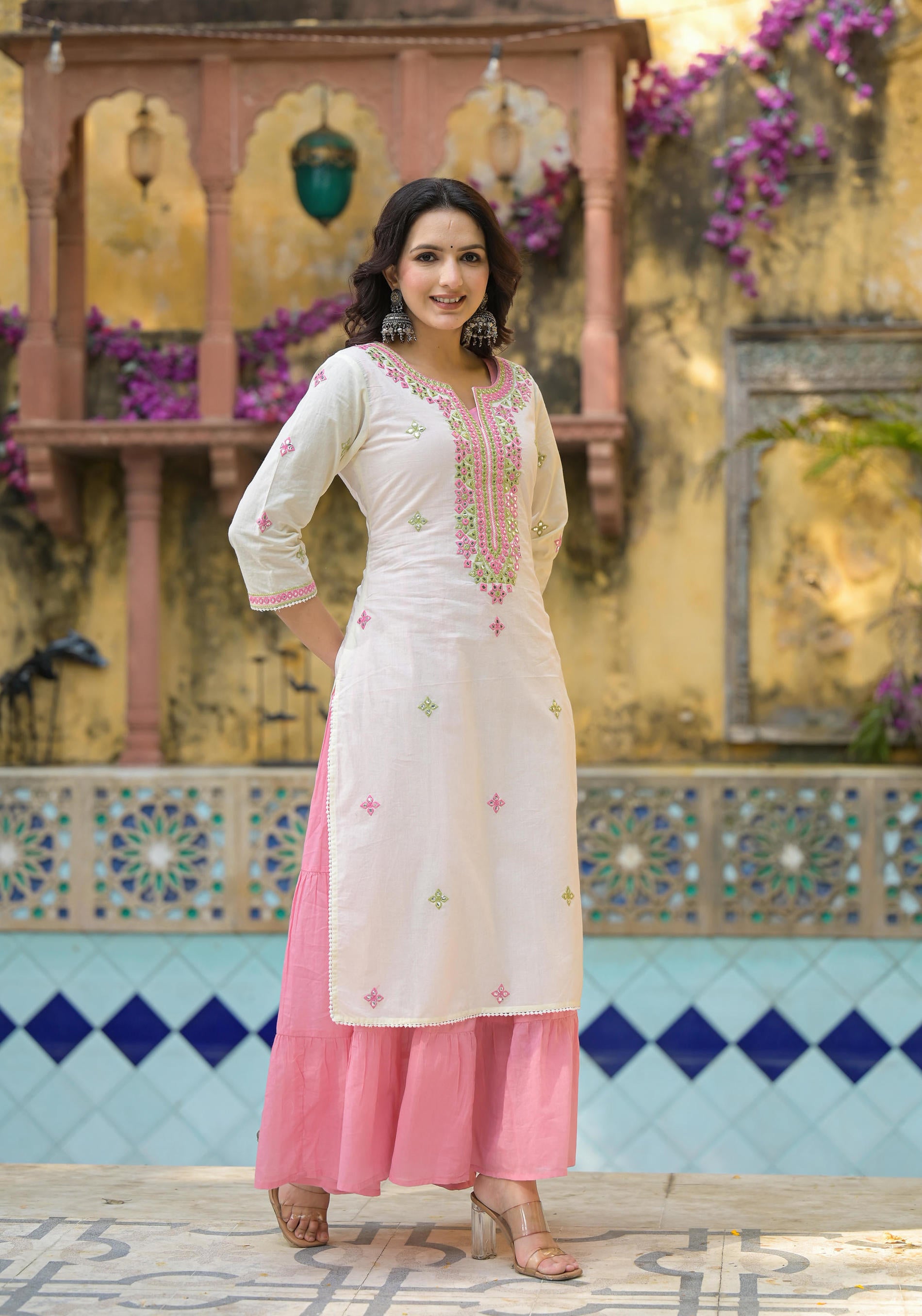 Ivory & Pink Solid Cotton Long Dress With Thread & Mirror Work