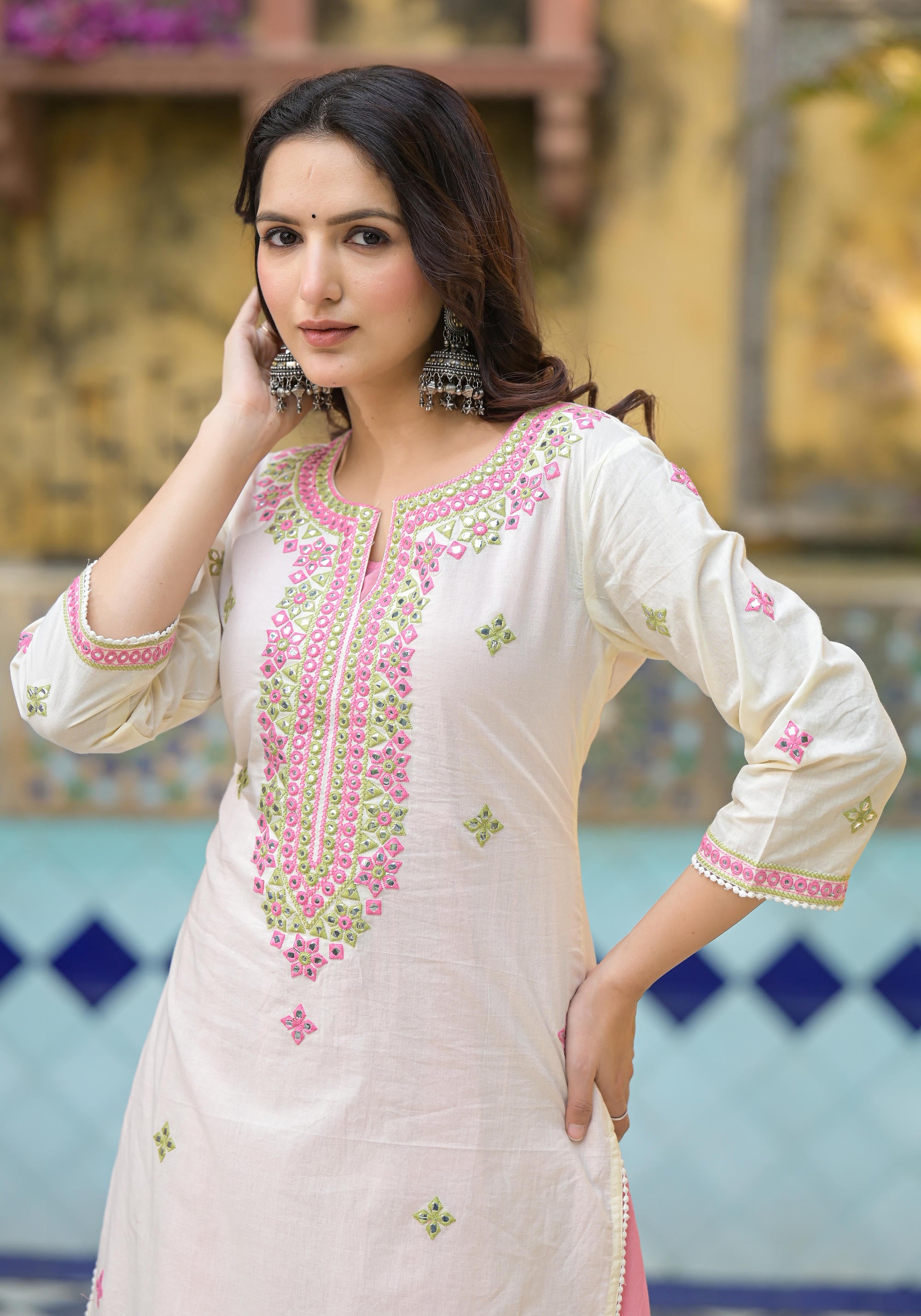 Ivory & Pink Solid Cotton Long Dress With Thread & Mirror Work