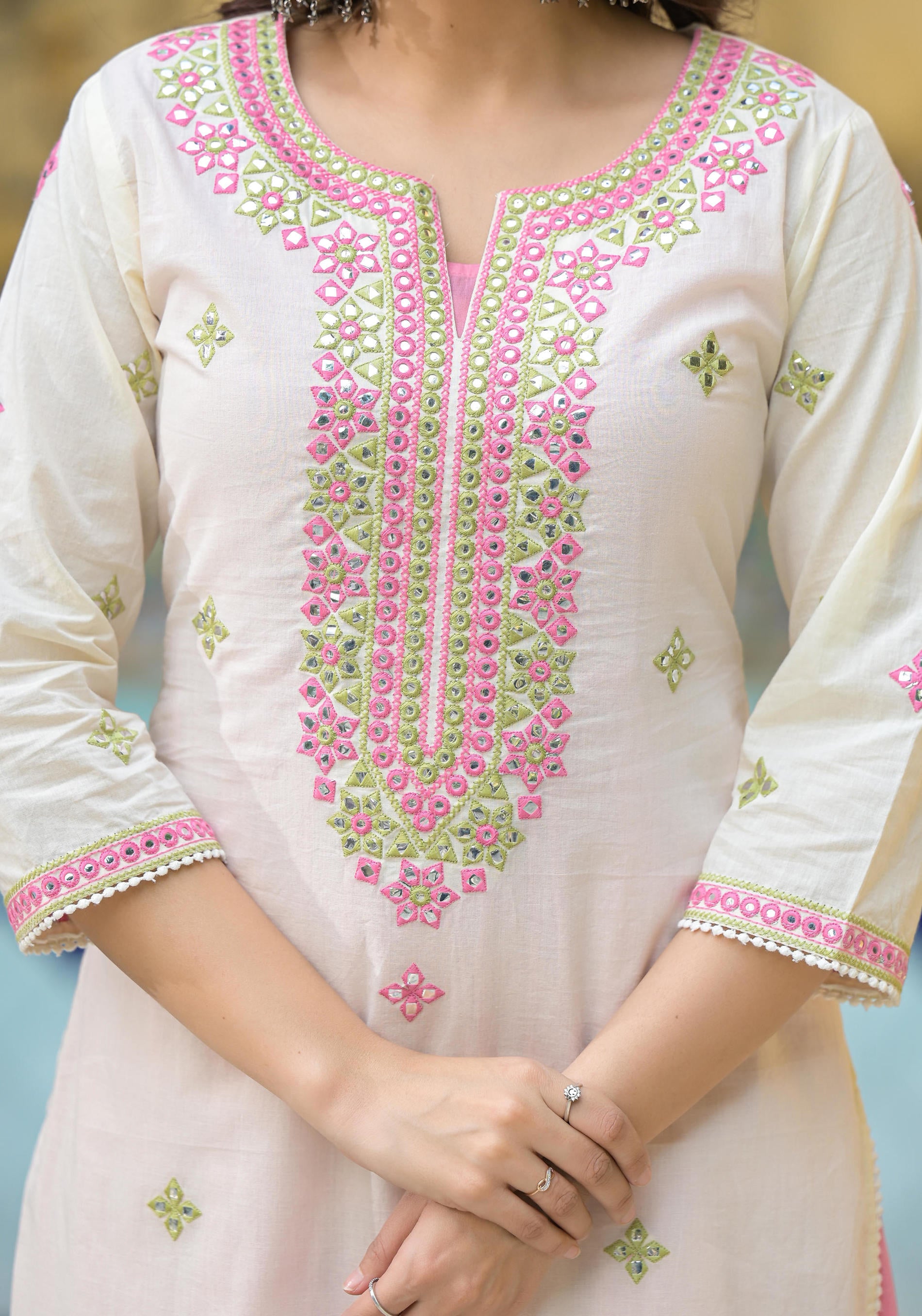 Ivory & Pink Solid Cotton Long Dress With Thread & Mirror Work