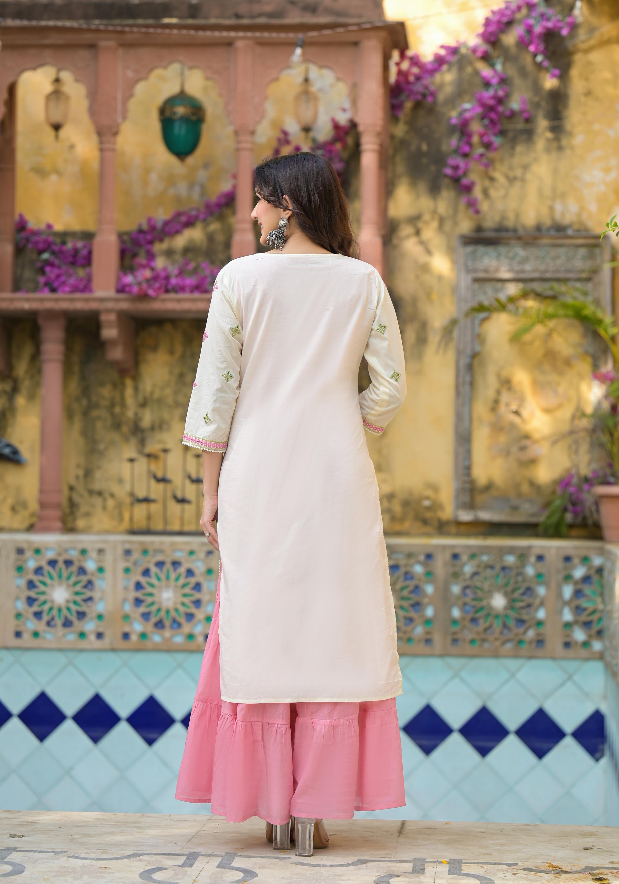 Ivory & Pink Solid Cotton Long Dress With Thread & Mirror Work