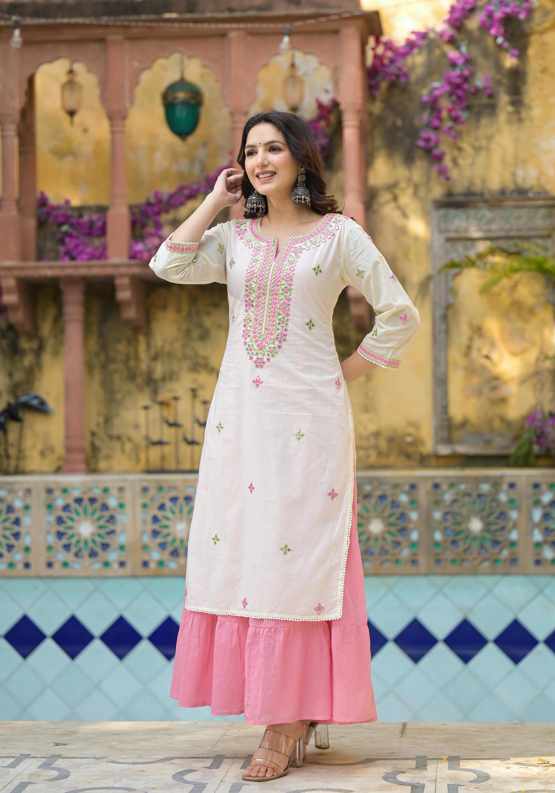 Ivory & Pink Solid Cotton Long Dress With Thread & Mirror Work