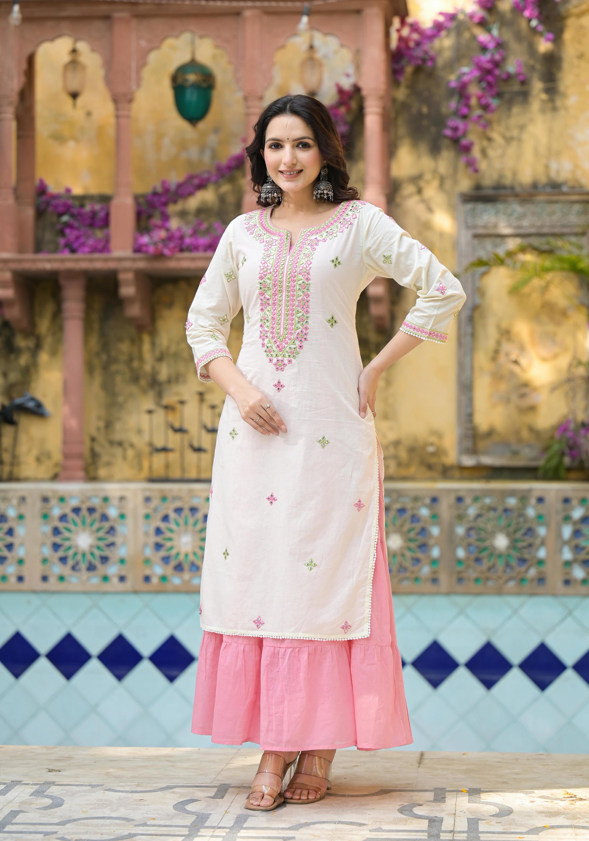 Ivory & Pink Solid Cotton Long Dress With Thread & Mirror Work