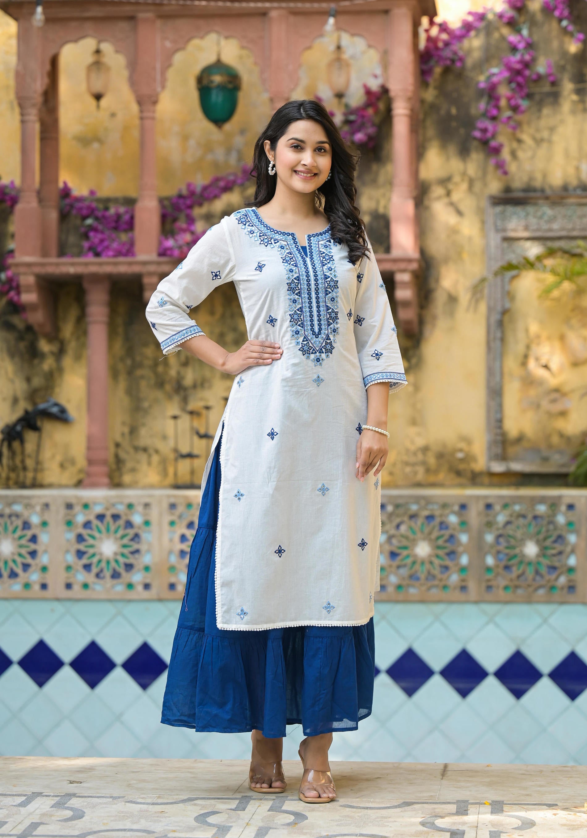 White & Blue Solid Cotton Long Dress With Thread & Mirror Work