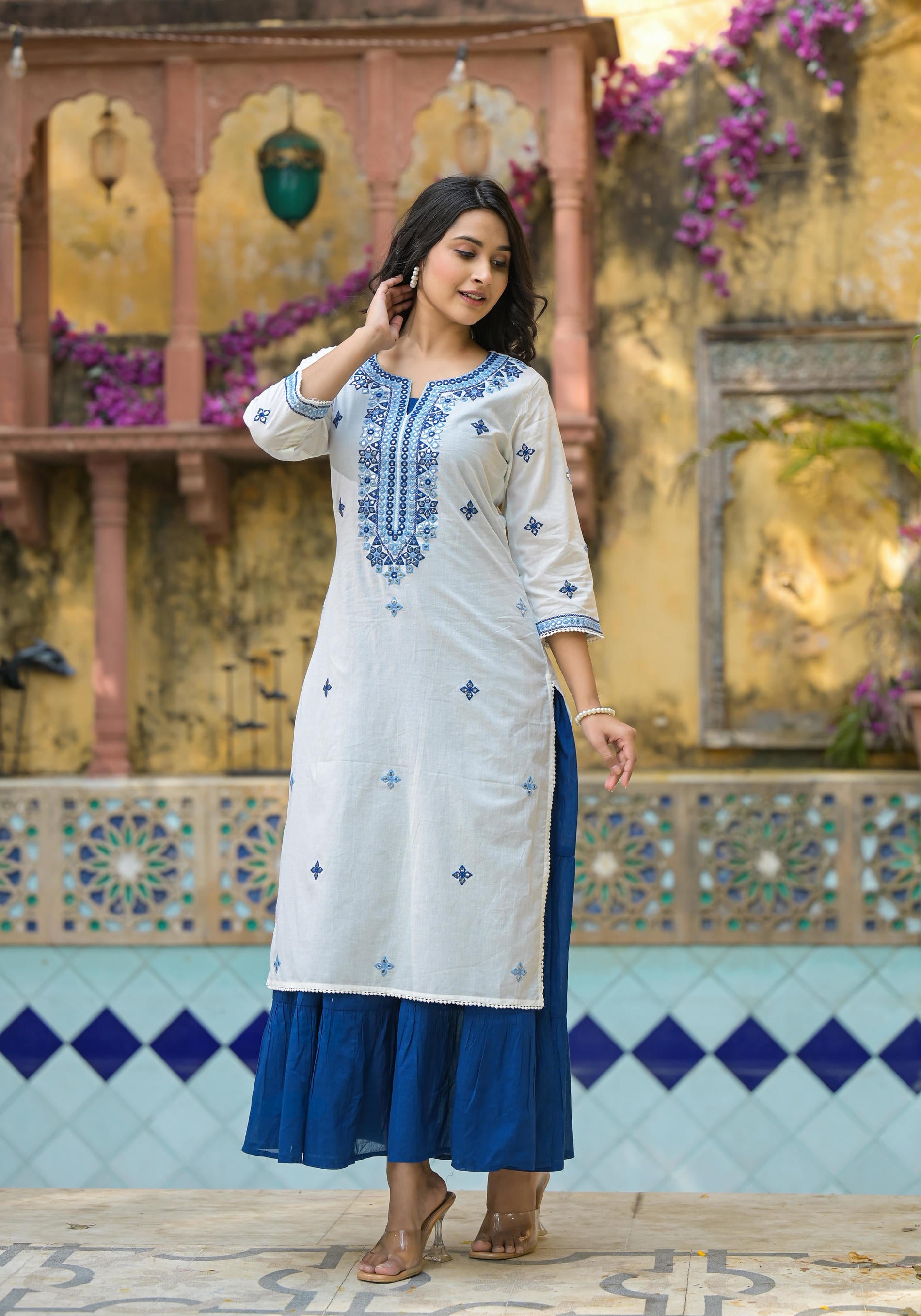 White & Blue Solid Cotton Long Dress With Thread & Mirror Work