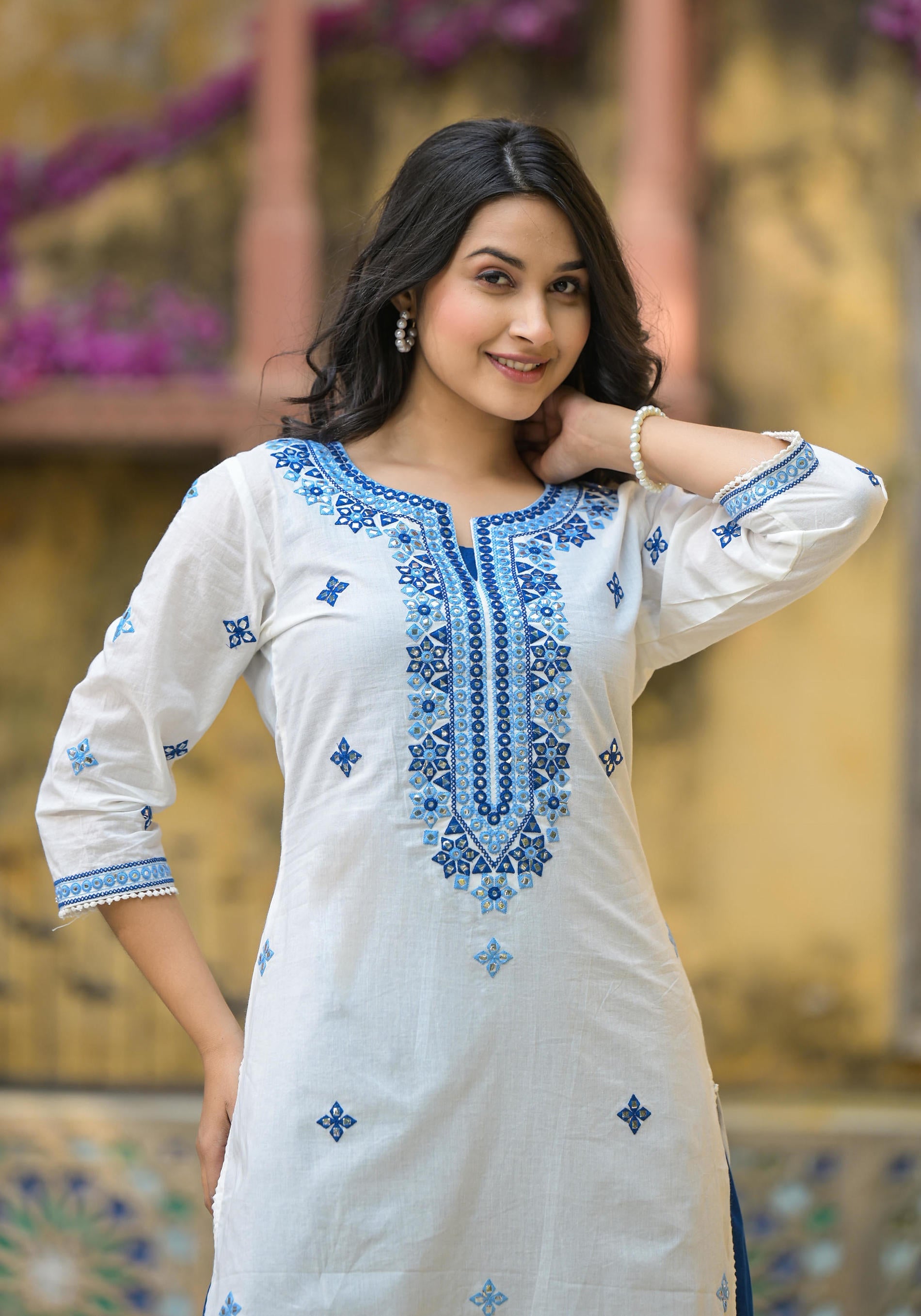 White & Blue Solid Cotton Long Dress With Thread & Mirror Work