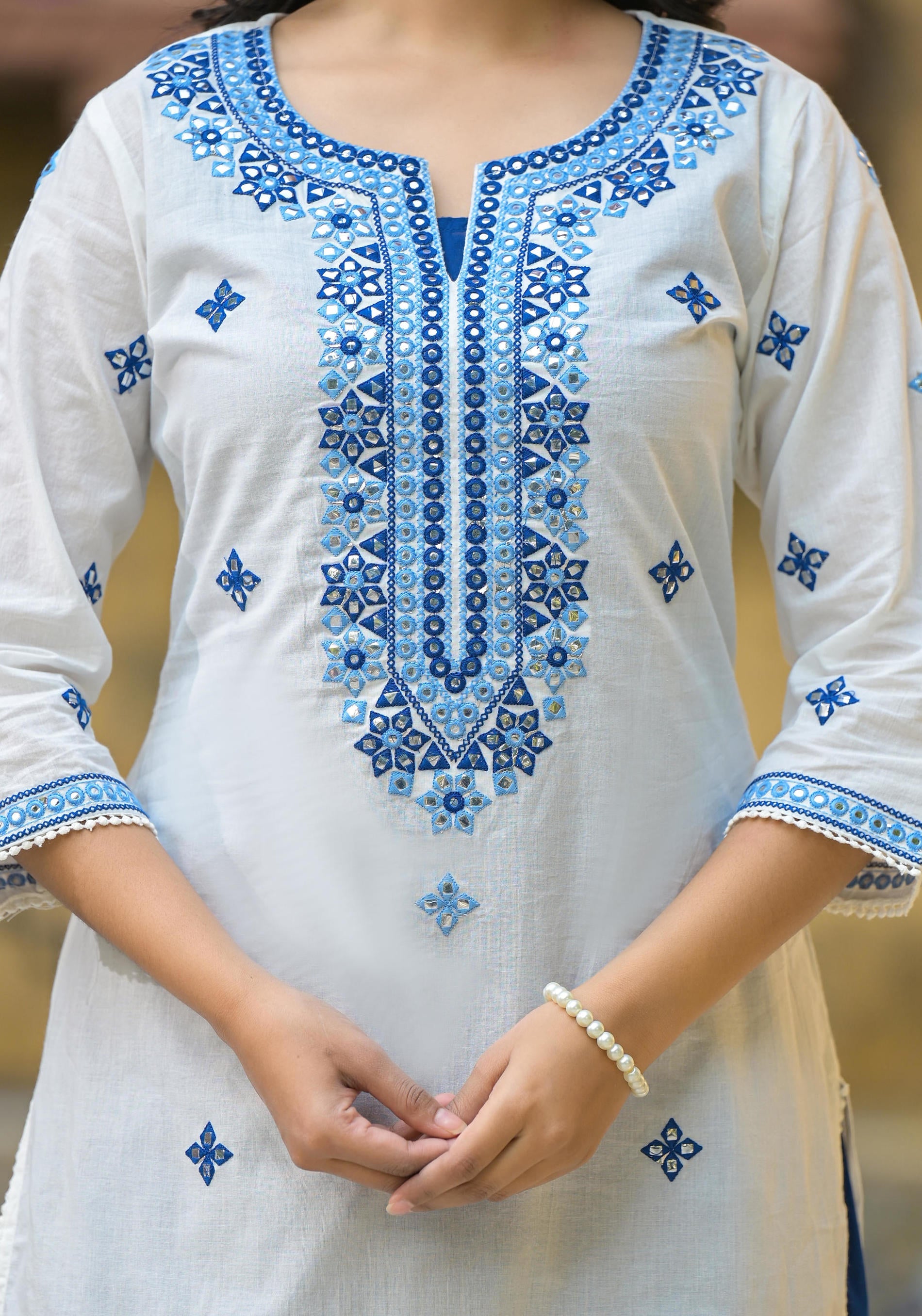 White & Blue Solid Cotton Long Dress With Thread & Mirror Work