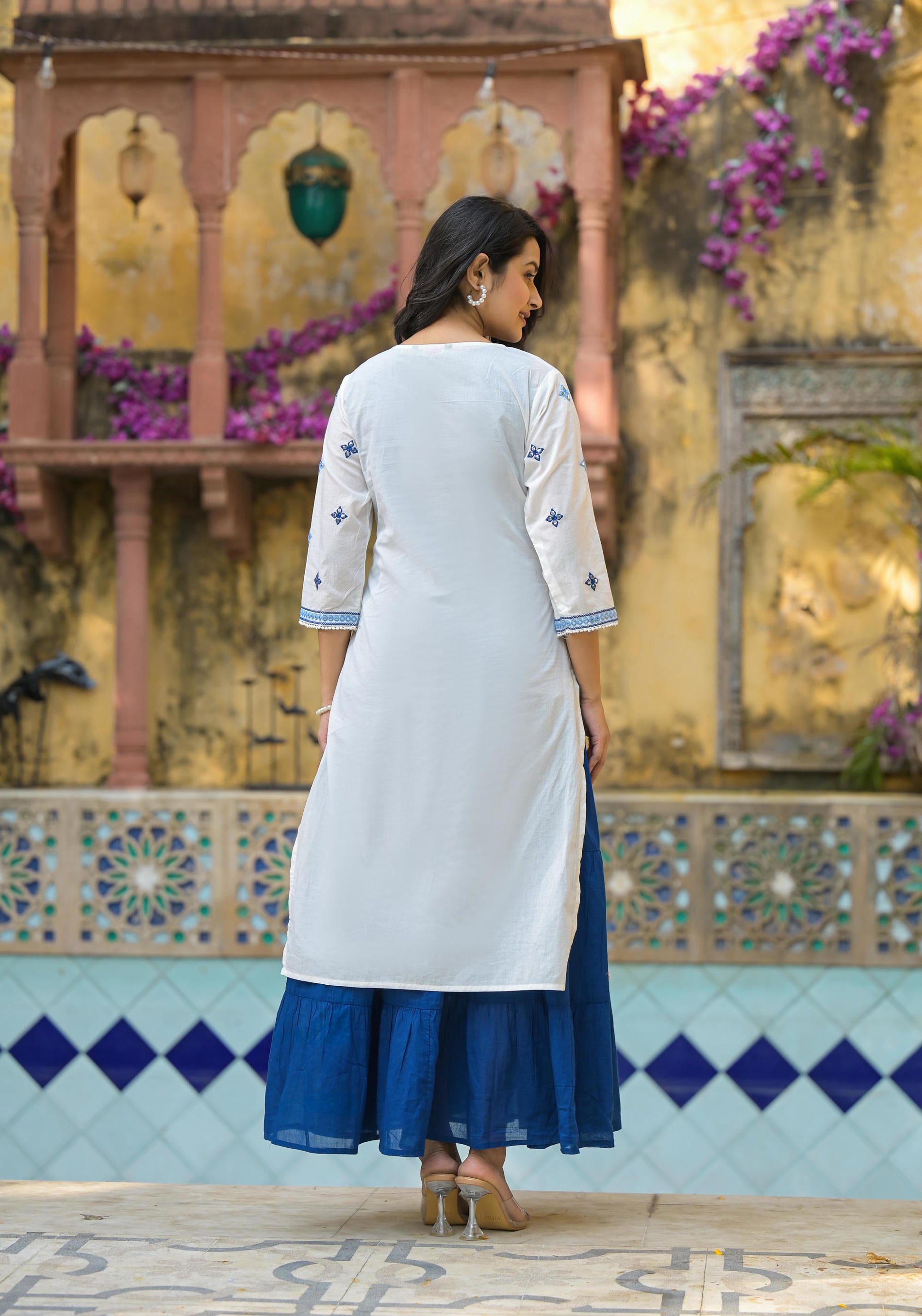 White & Blue Solid Cotton Long Dress With Thread & Mirror Work