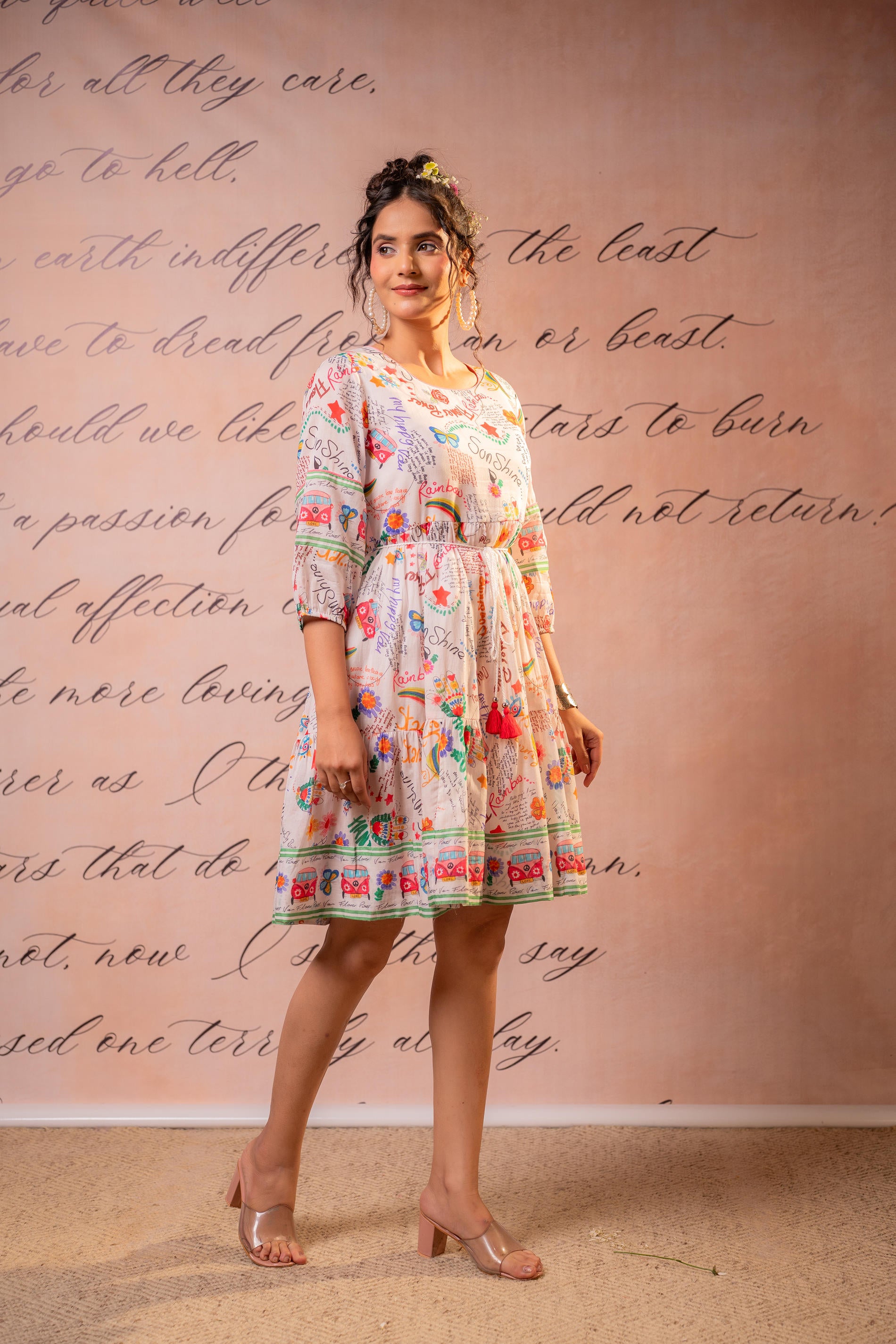 Cream Multicolor Floral Printed Flared Dress with Tassel Tie-Up