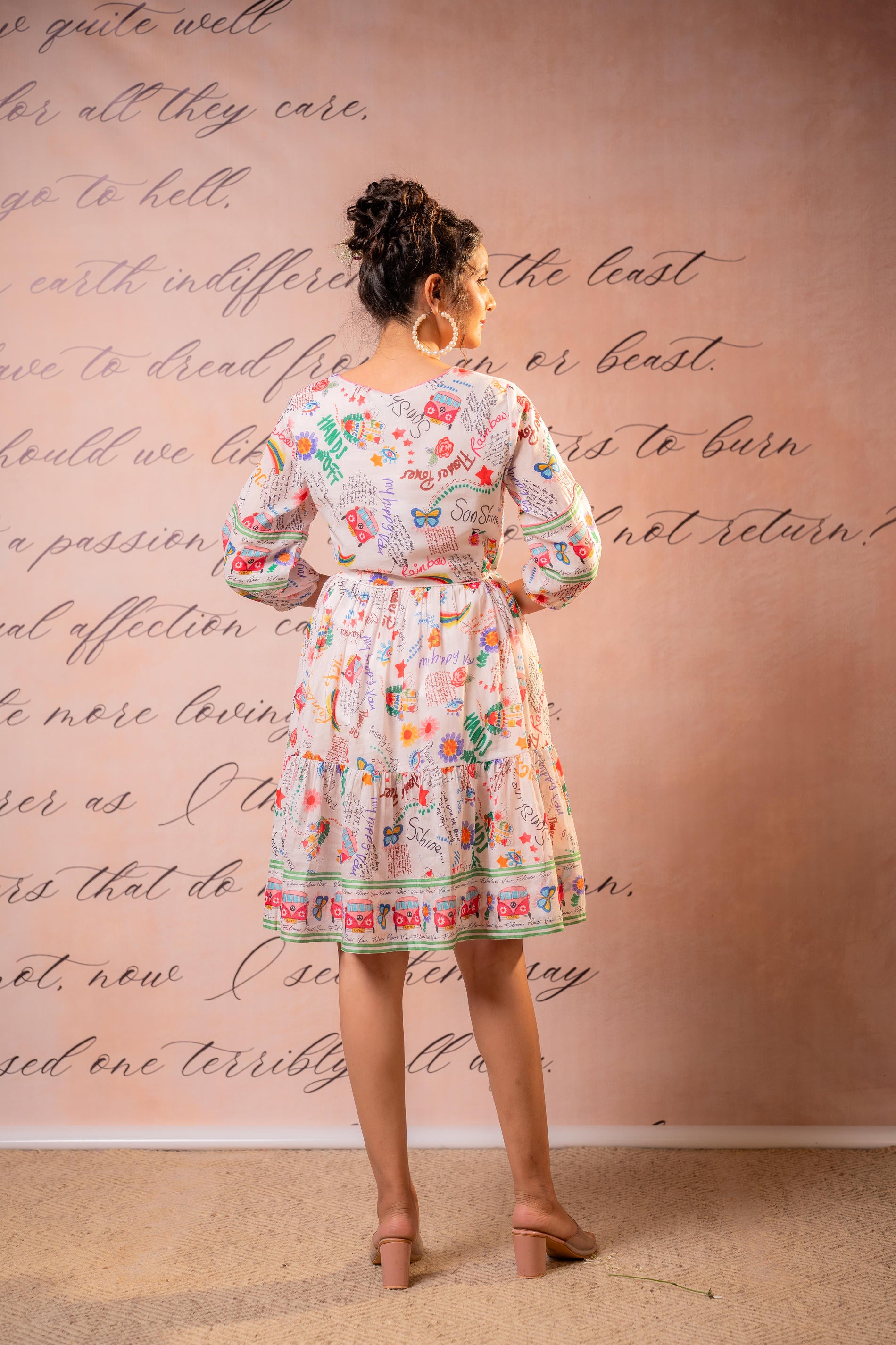 Cream Multicolor Floral Printed Flared Dress with Tassel Tie-Up