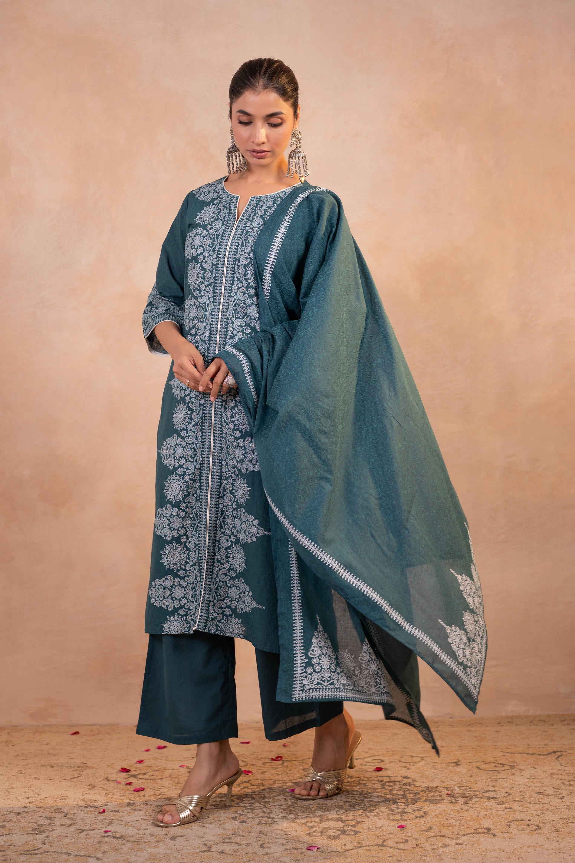 Teal Printed Kurta Pant And Dupatta Set