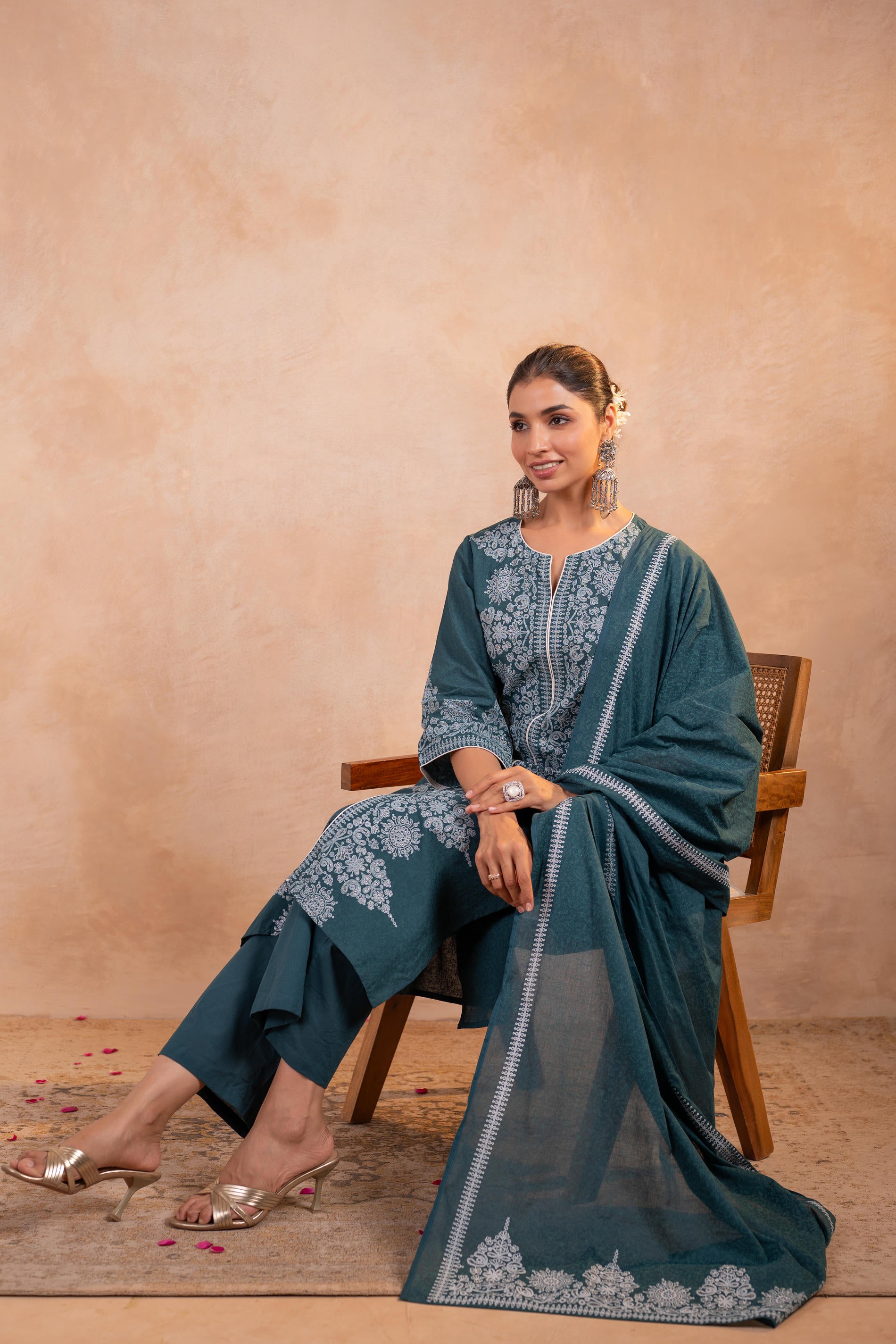 Teal Printed Kurta Pant And Dupatta Set
