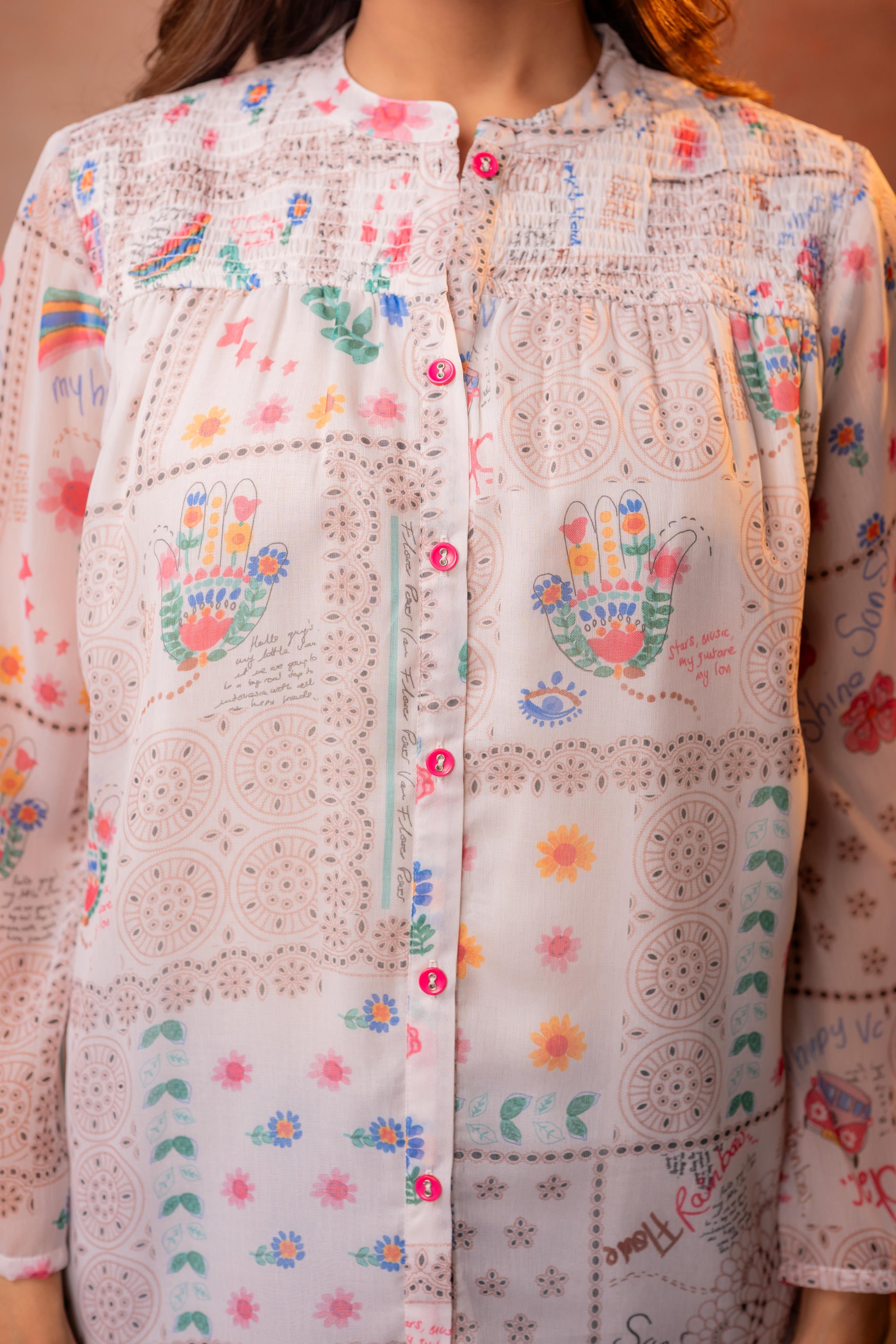White Patchwork Printed Boho Shirt
