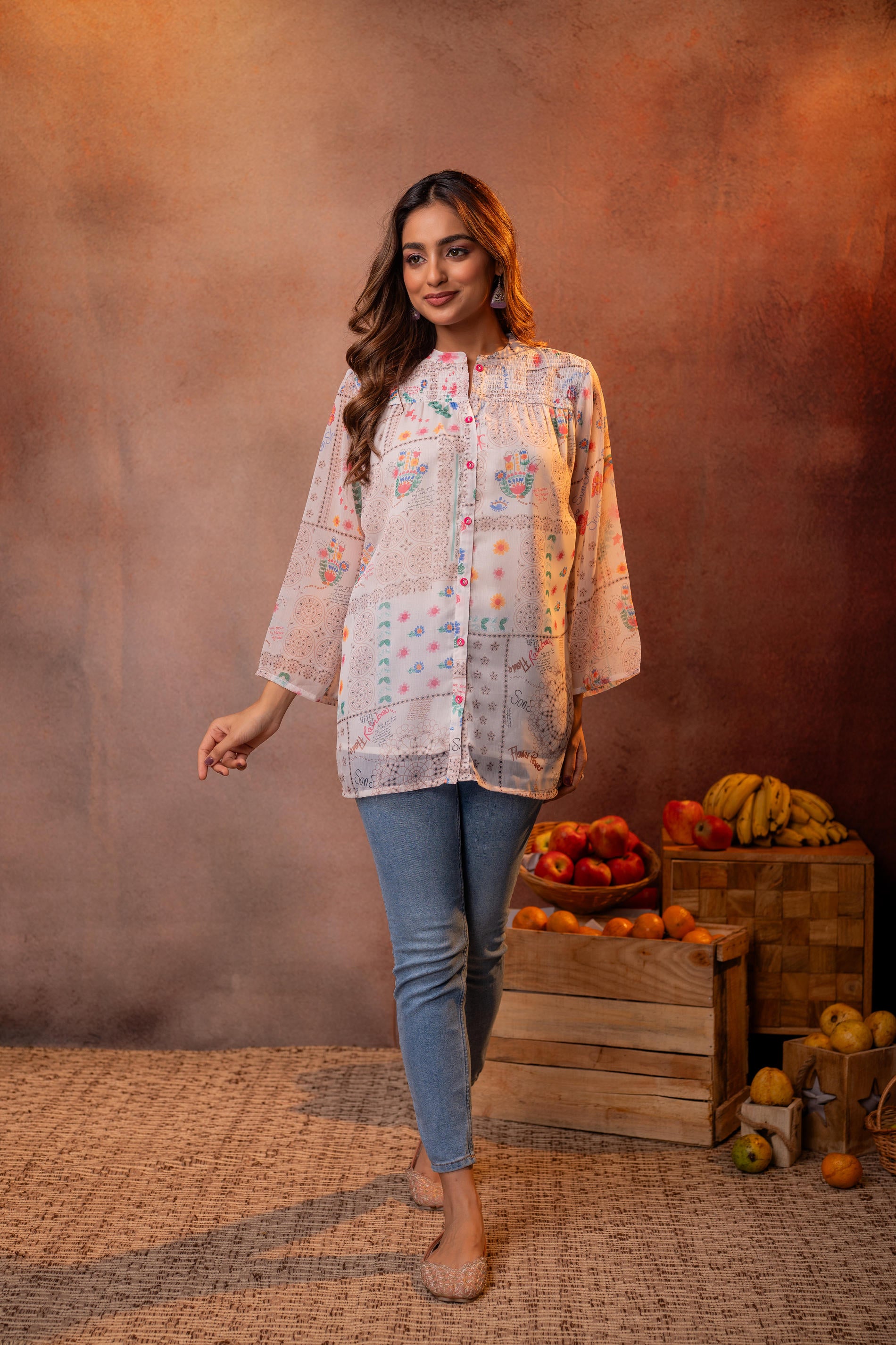 White Patchwork Printed Boho Shirt