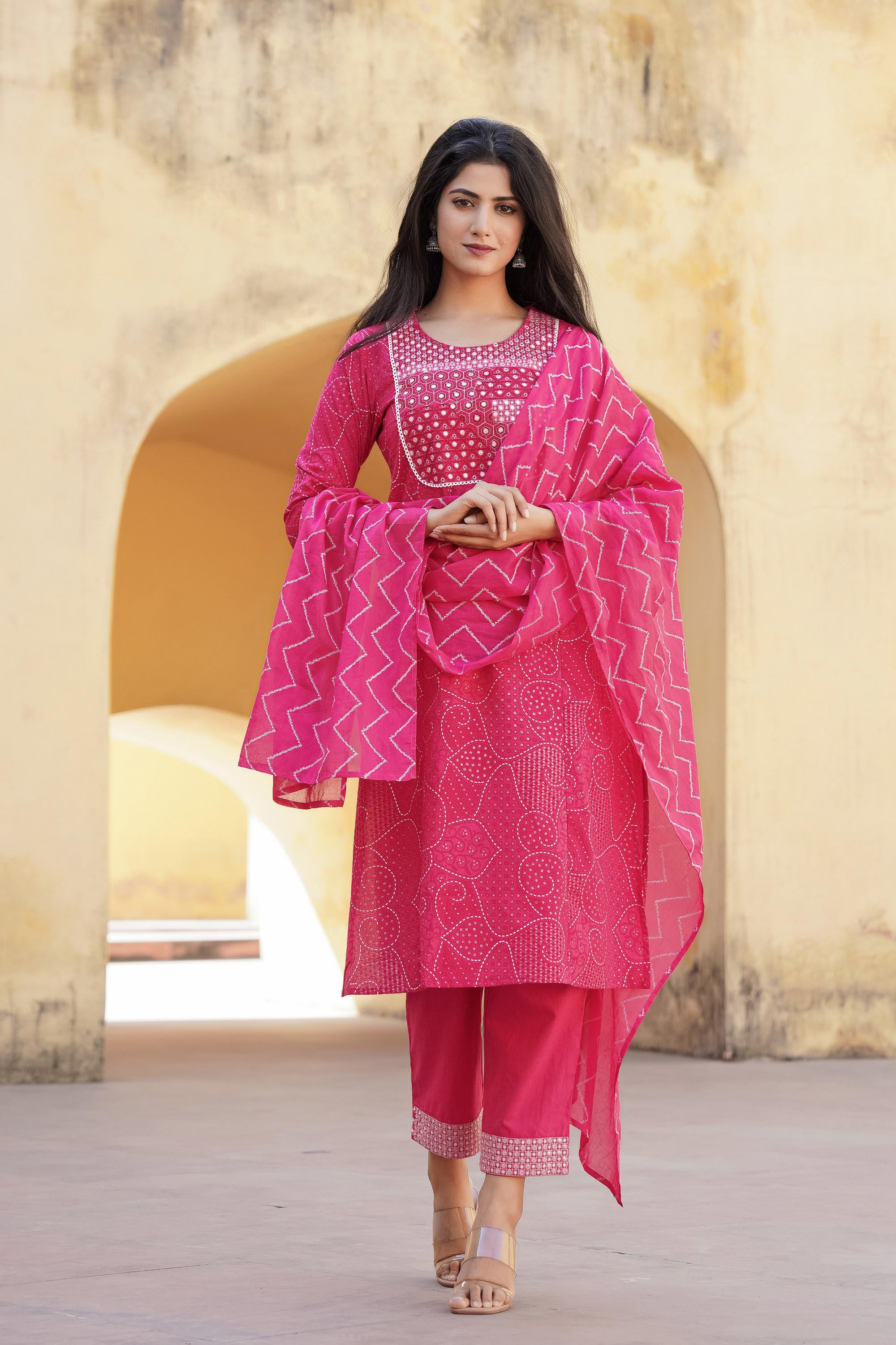 Fuchsia Ethnic Motif Printed Cotton Kurta Pant And Dupatta Set With Mirror & Thread Work