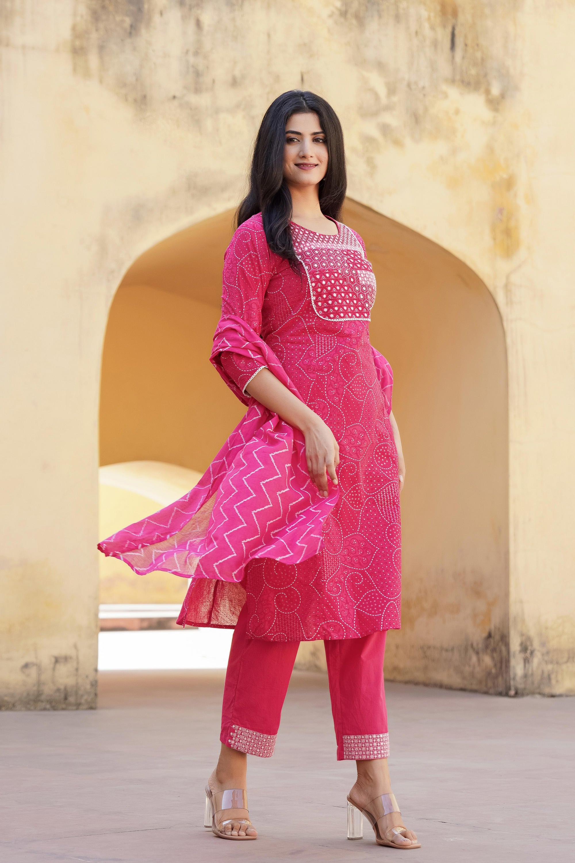 Fuchsia Ethnic Motif Printed Cotton Kurta Pant And Dupatta Set With Mirror & Thread Work