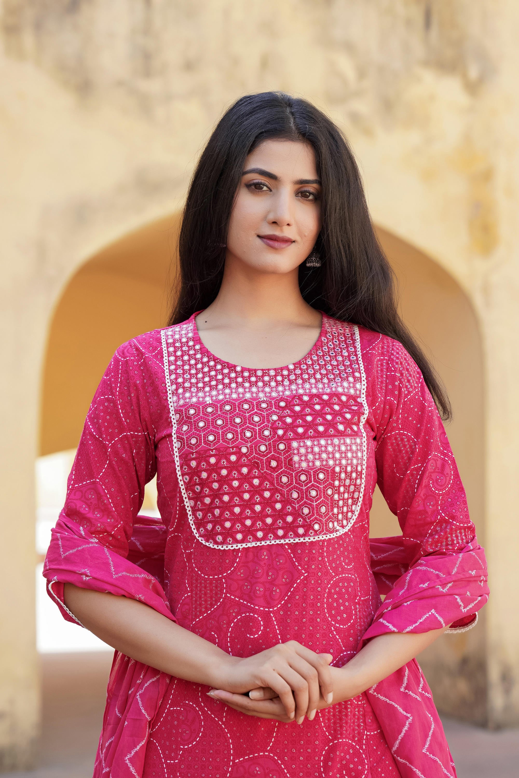 Fuchsia Ethnic Motif Printed Cotton Kurta Pant And Dupatta Set With Mirror & Thread Work