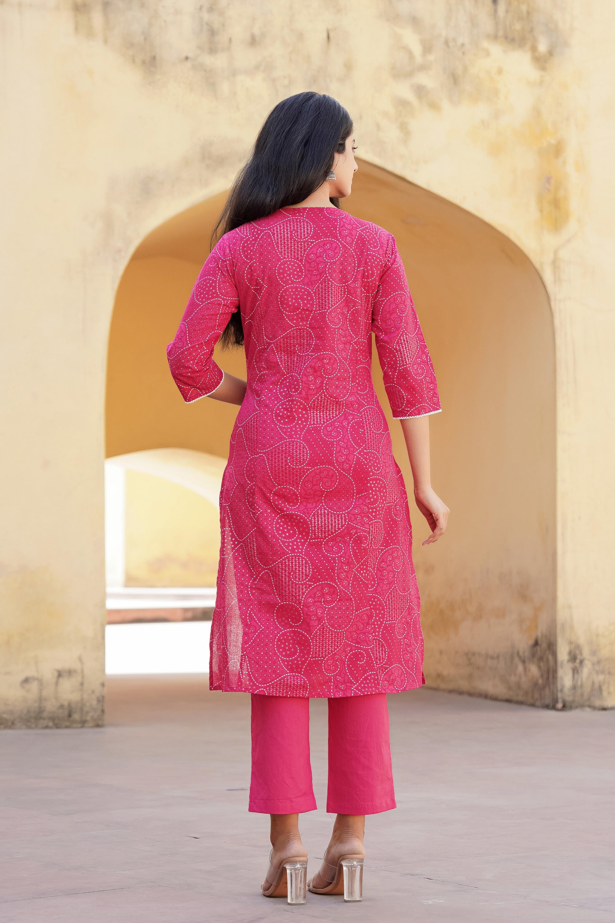 Fuchsia Ethnic Motif Printed Cotton Kurta Pant And Dupatta Set With Mirror & Thread Work