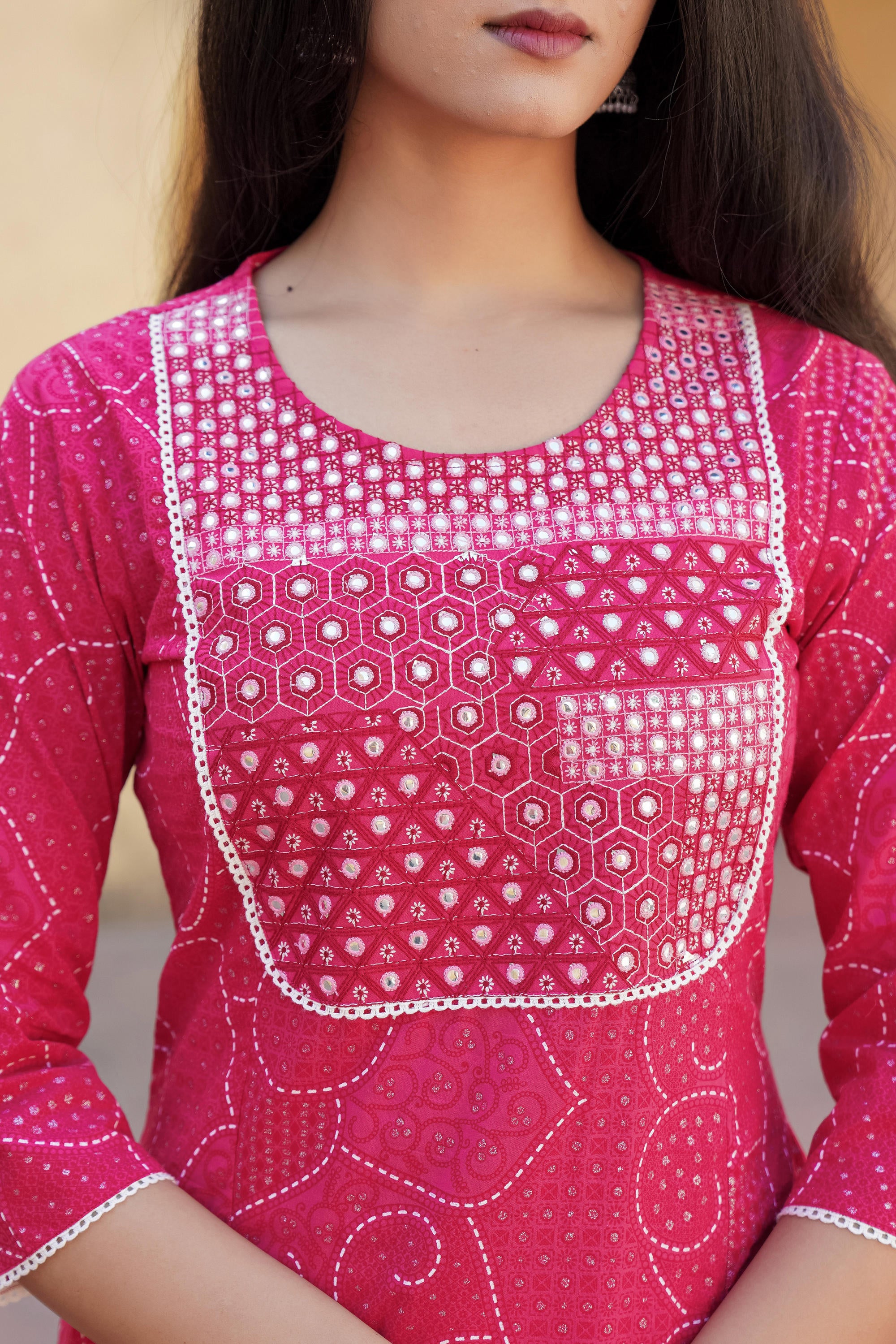 Fuchsia Ethnic Motif Printed Cotton Kurta Pant And Dupatta Set With Mirror & Thread Work