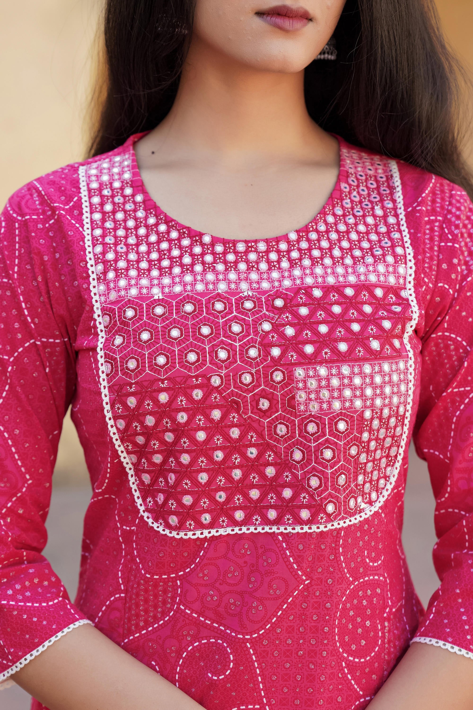 Fuchsia Ethnic Motif Printed Cotton Kurta Pant And Dupatta Set With Mirror & Thread Work