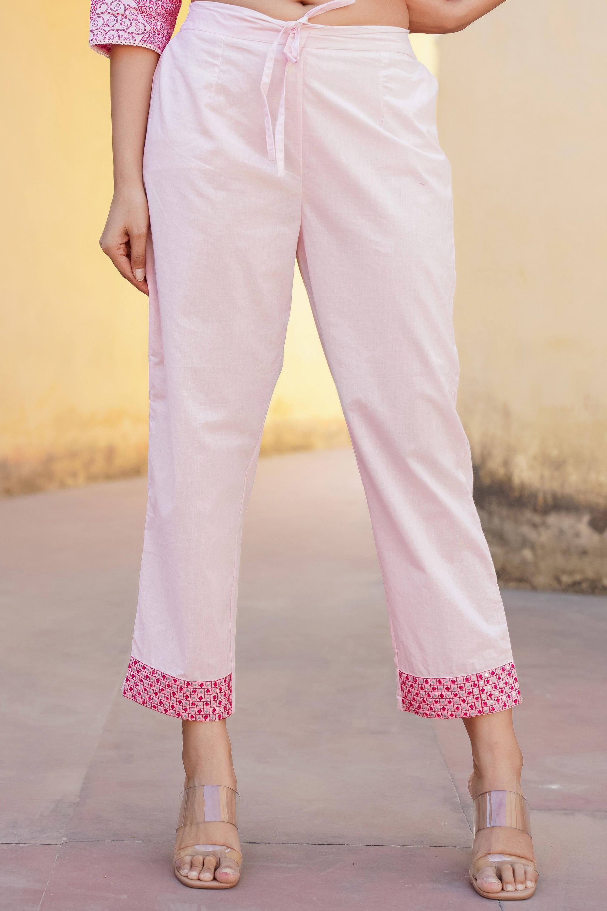 Light Pink Ethnic Motif Printed Kurta Pant And Dupatta Set With Mirror & Thread Work