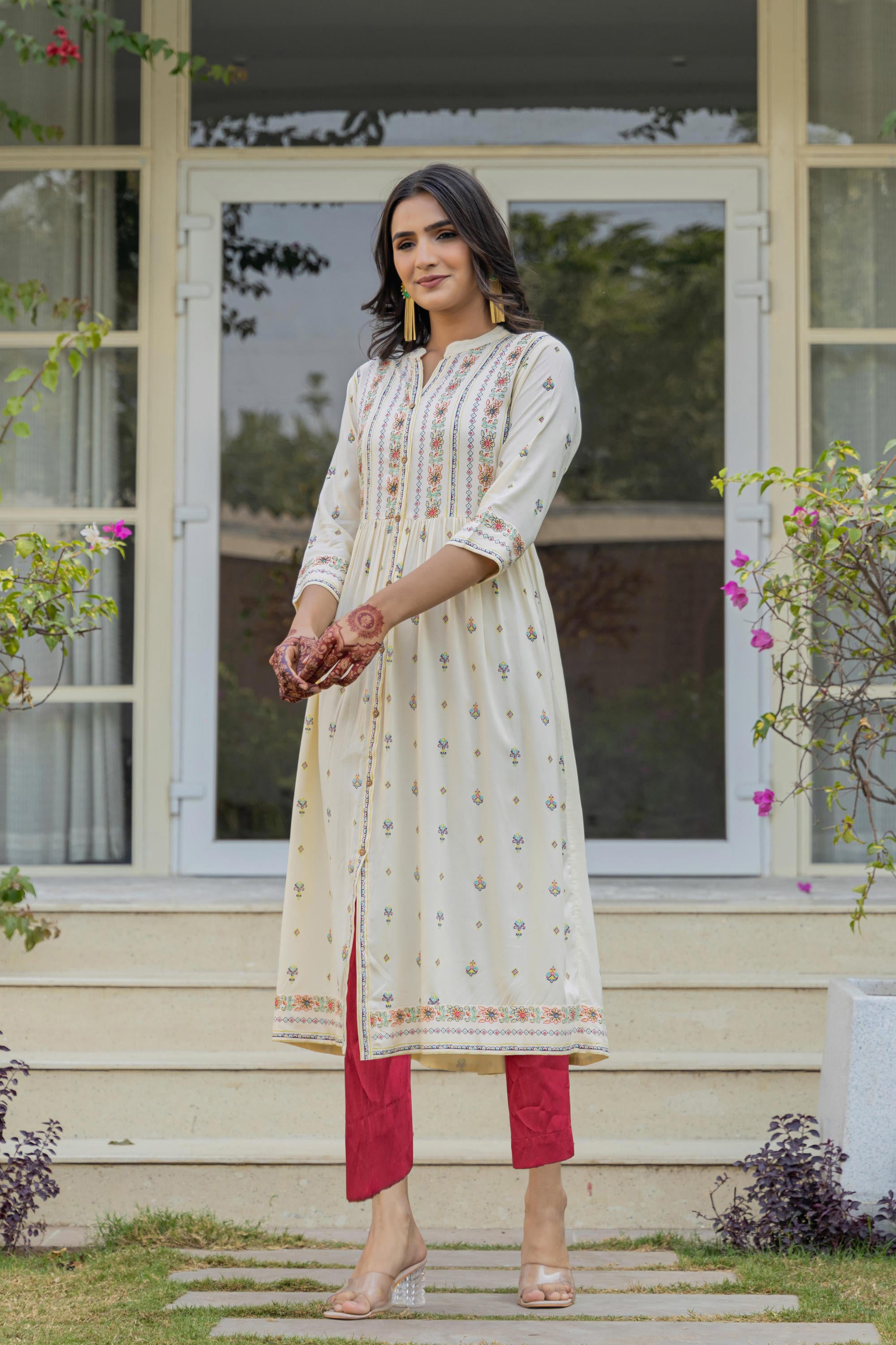 Ivory Floral Printed Cotton Kurta With Thread Work & Lace