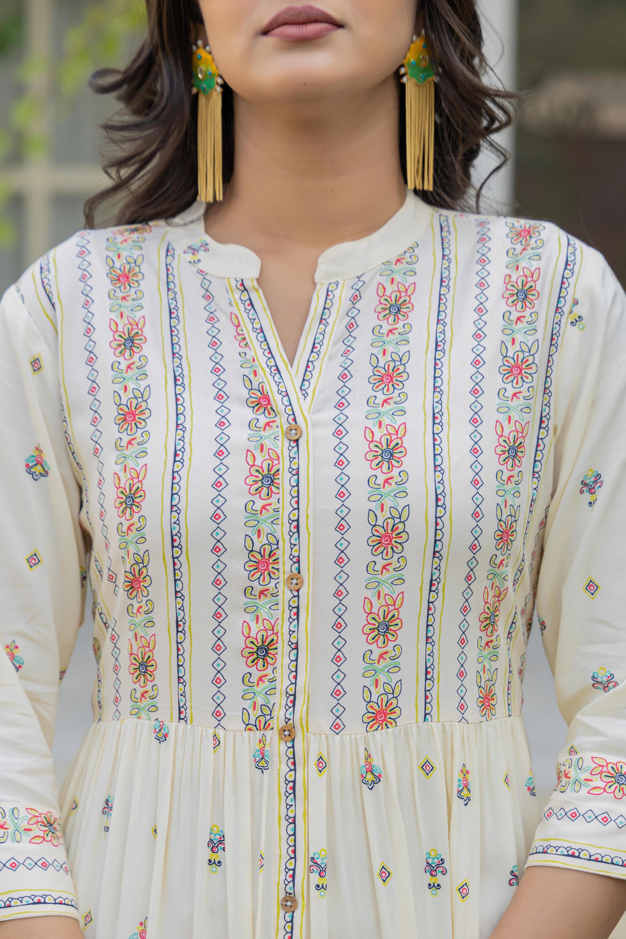 Ivory Floral Printed Cotton Kurta With Thread Work & Lace