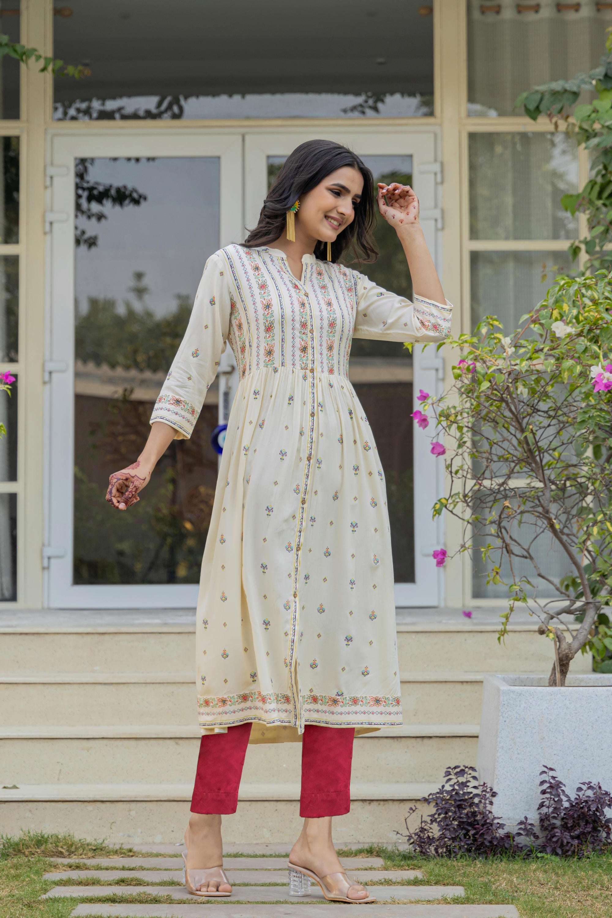 Ivory Floral Printed Cotton Kurta With Thread Work & Lace