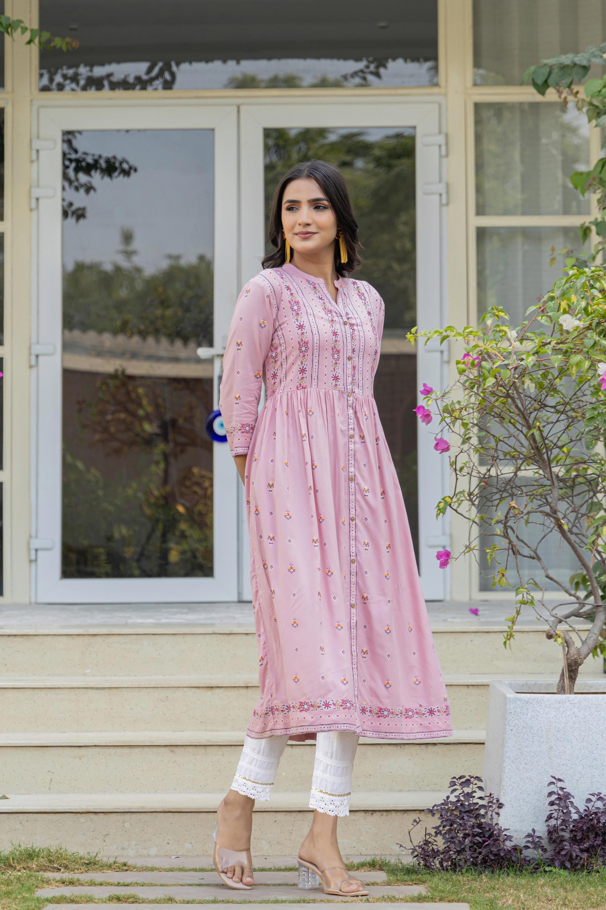 Pink Floral Printed Viscose Kurta With Buttons