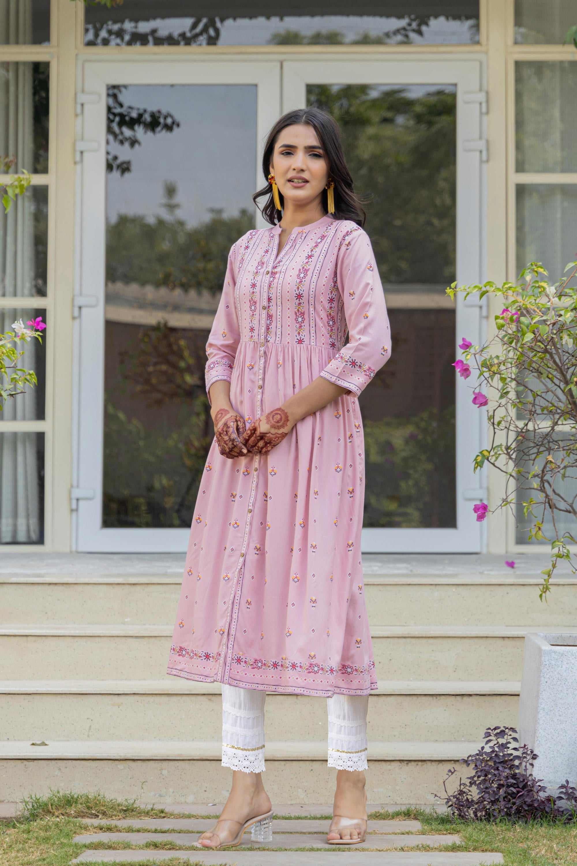 Pink Floral Printed Viscose Kurta With Buttons