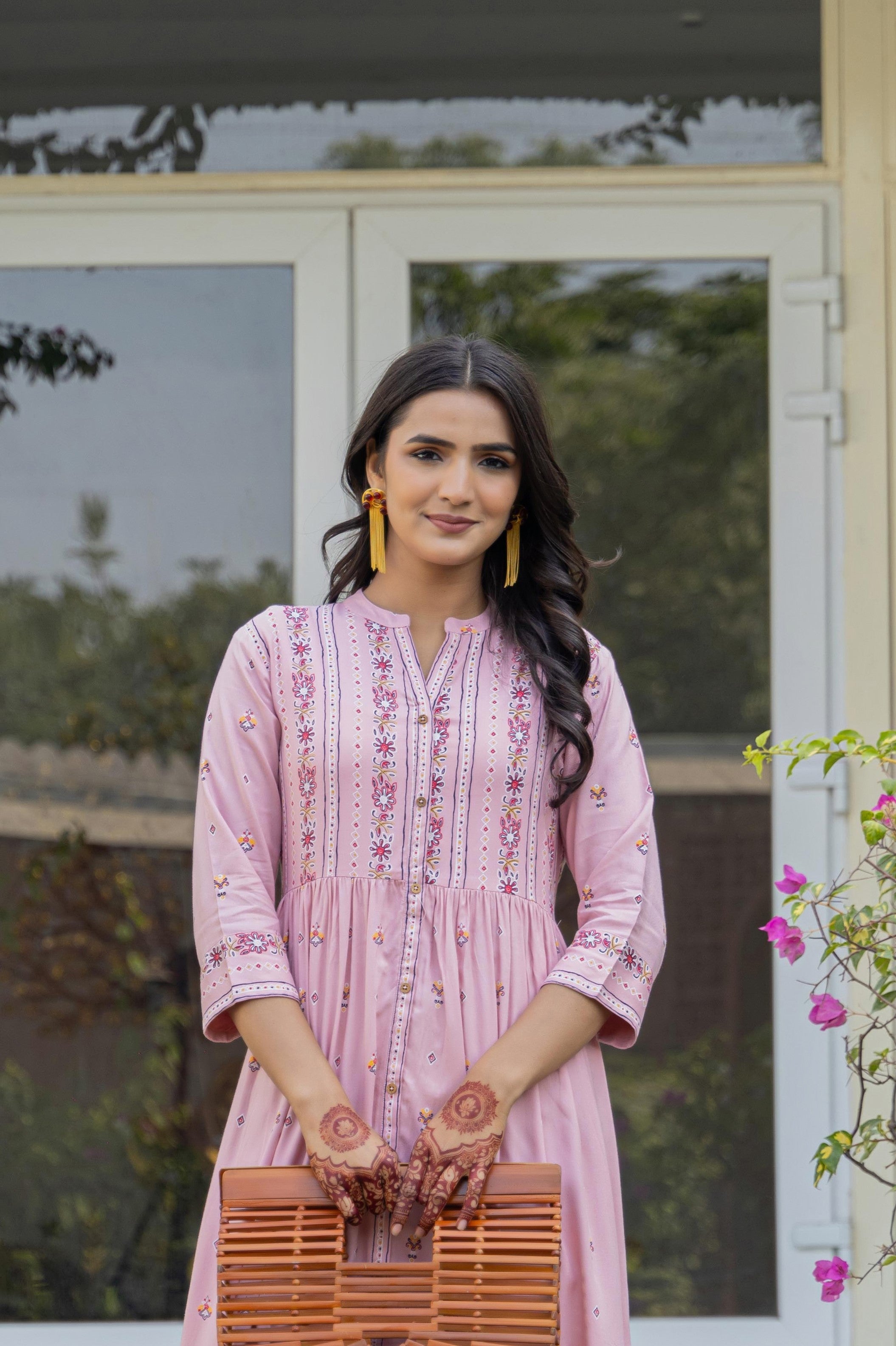 Pink Floral Printed Viscose Kurta With Buttons