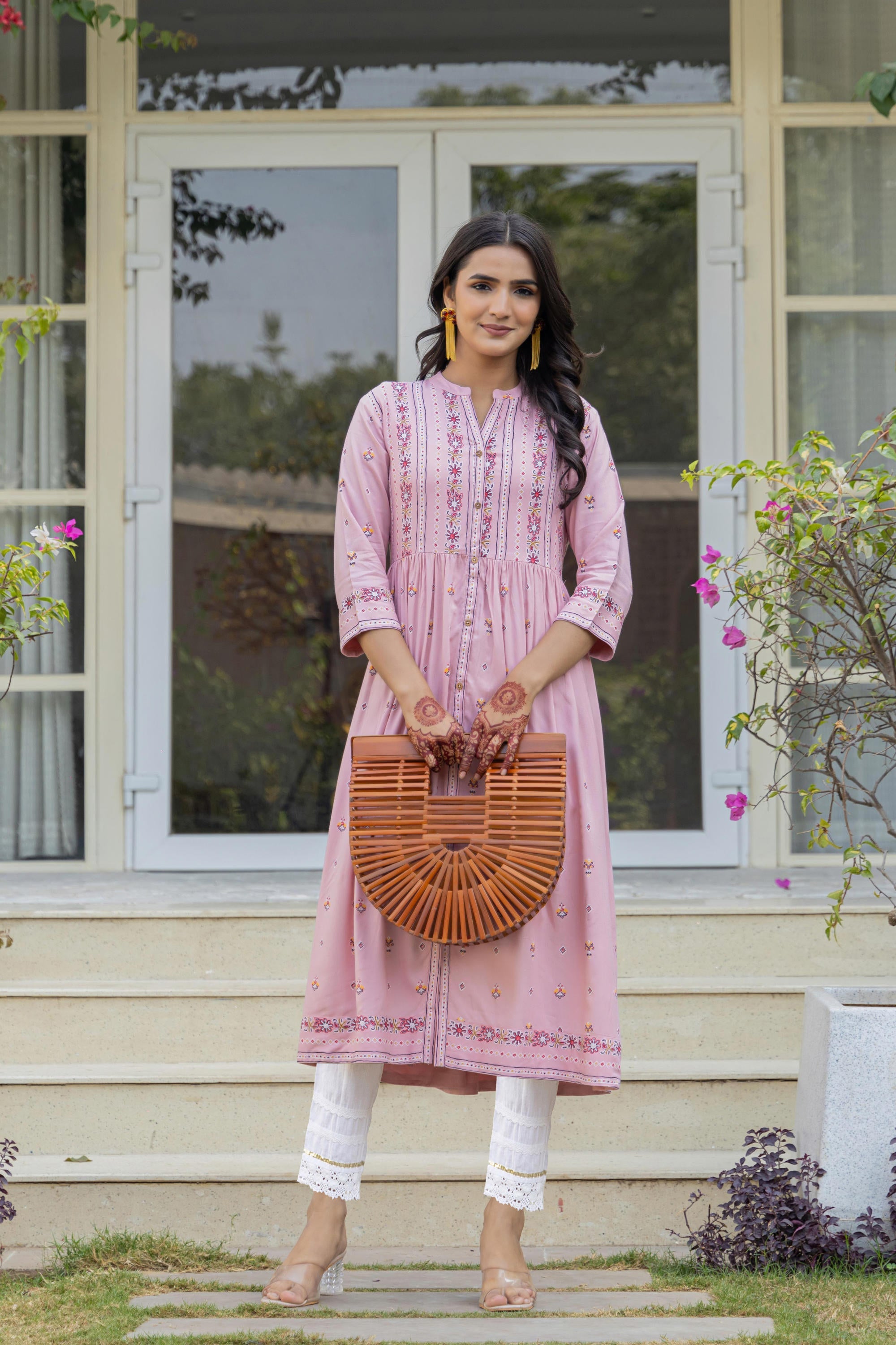 Pink Floral Printed Viscose Kurta With Buttons