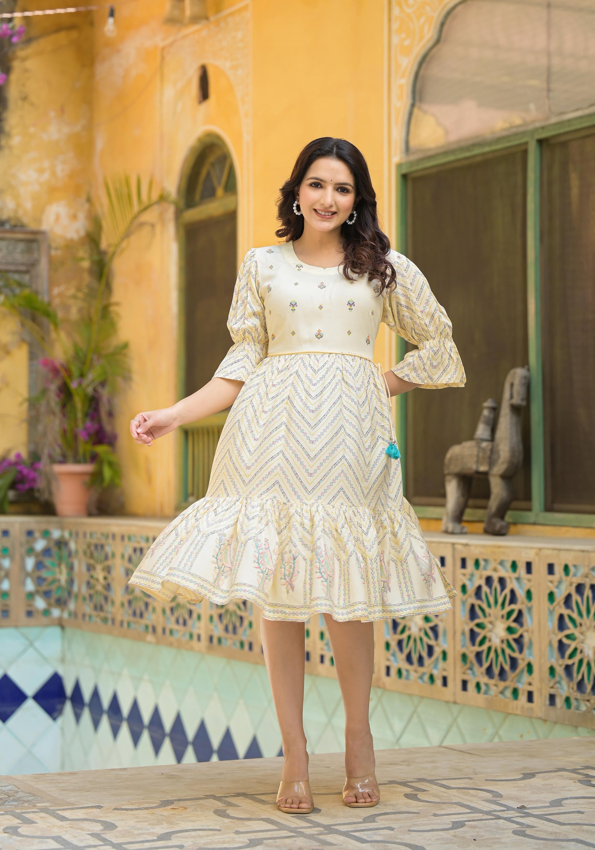 Ivory Ethnic Motif Printed Viscose Short Dress With Dori
