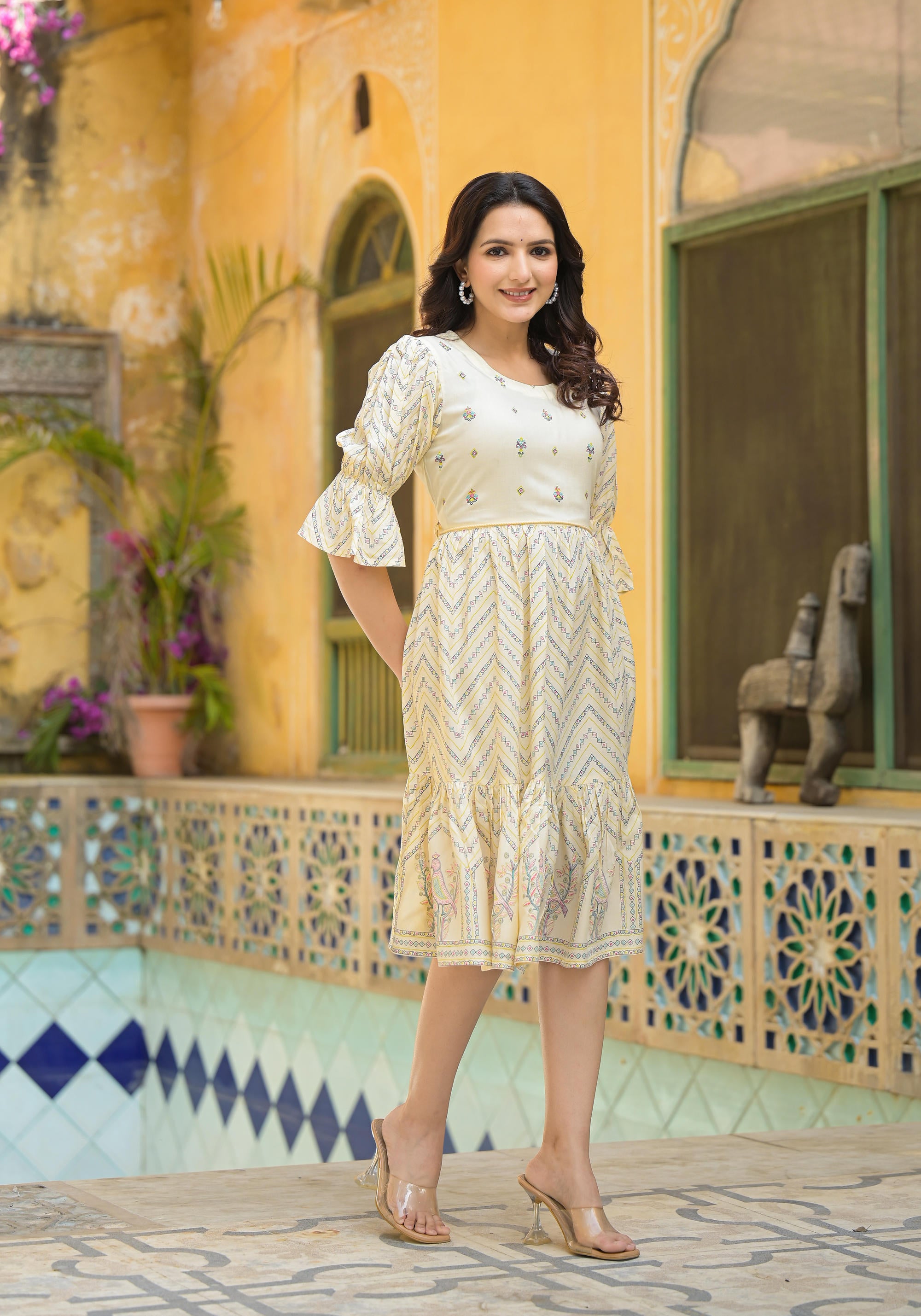 Ivory Ethnic Motif Printed Viscose Short Dress With Dori