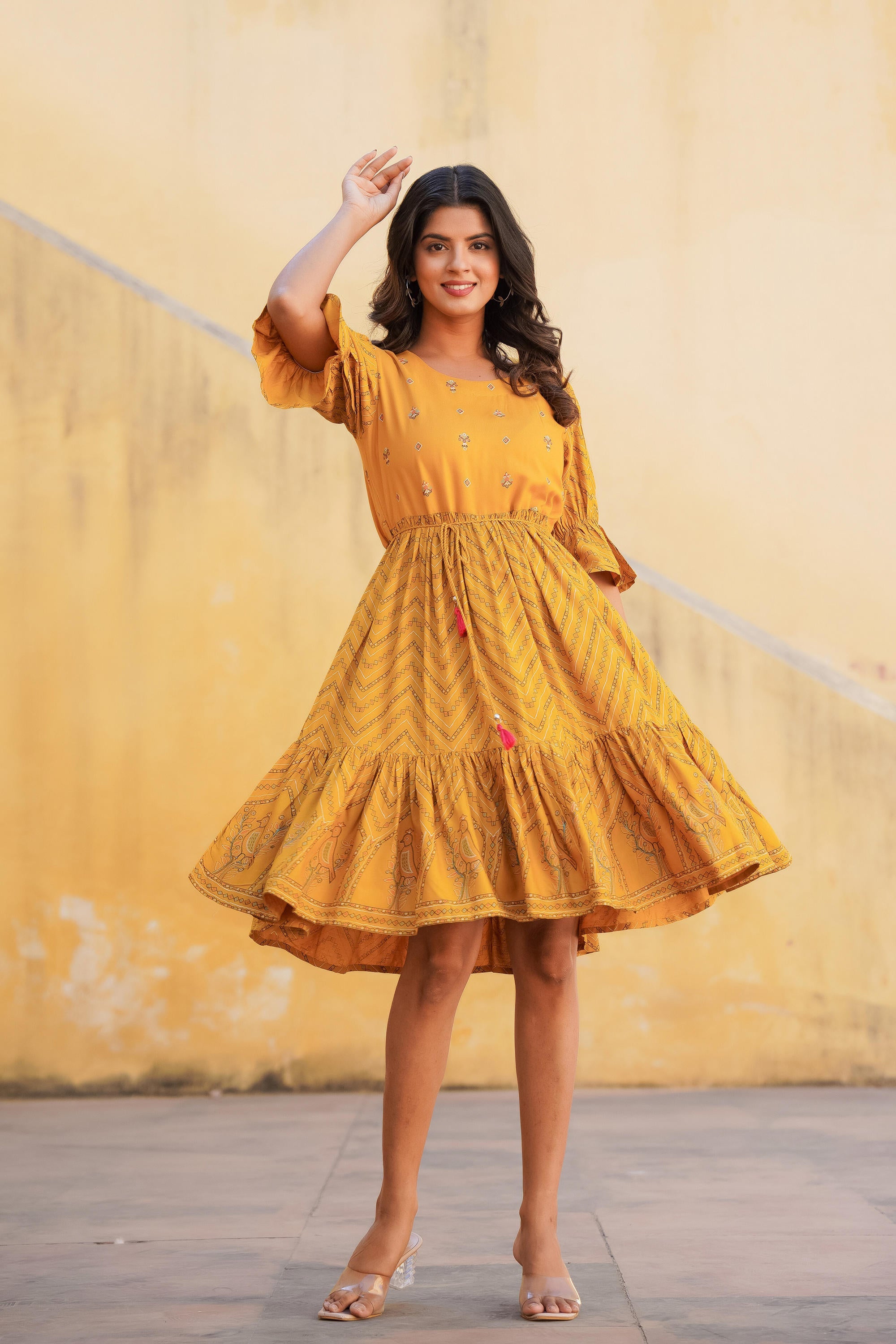 Mustard Ethnic Motif Printed Viscose Short Dress With Dori