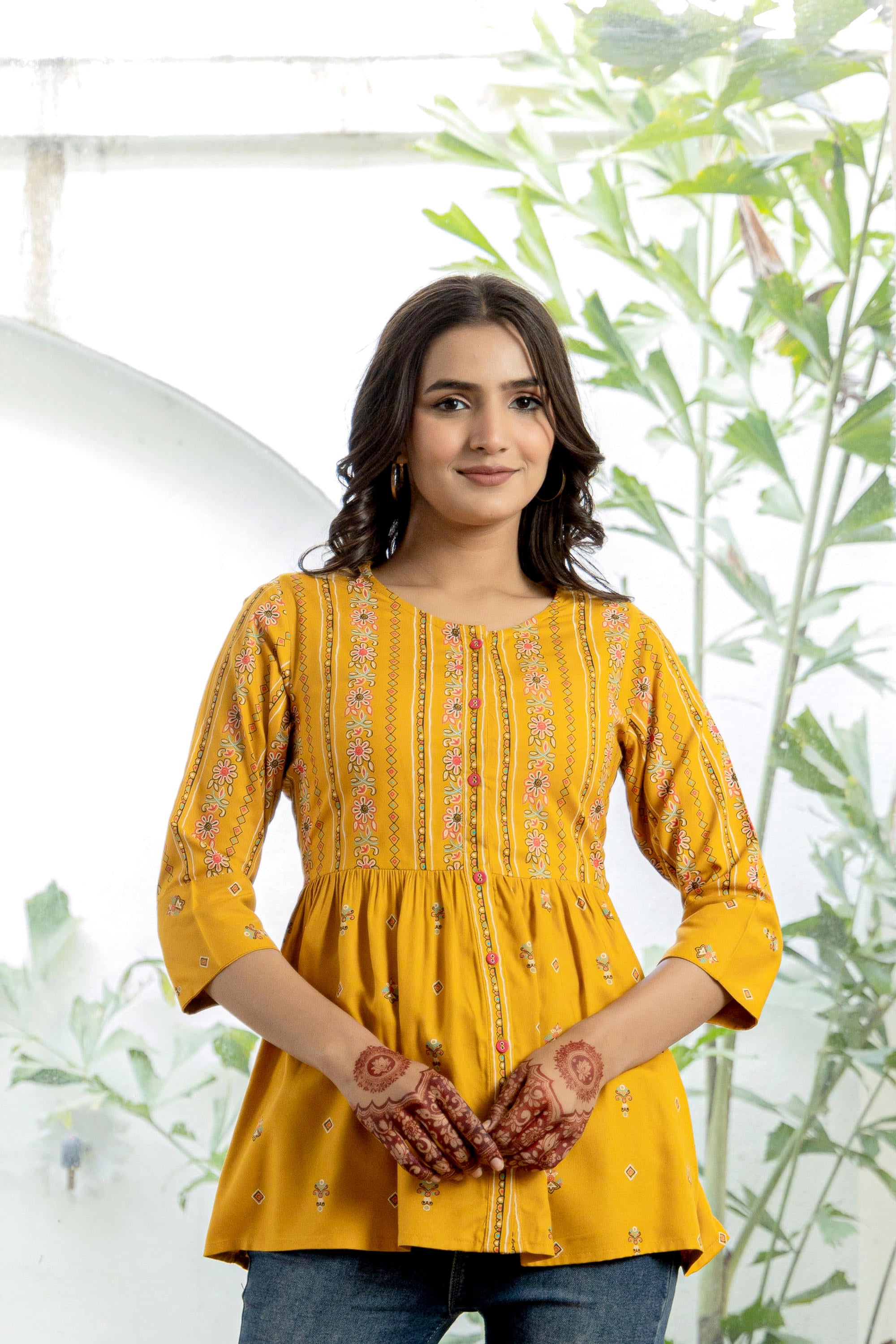 Mustard Floral Printed Viscose Tunic With Buttons