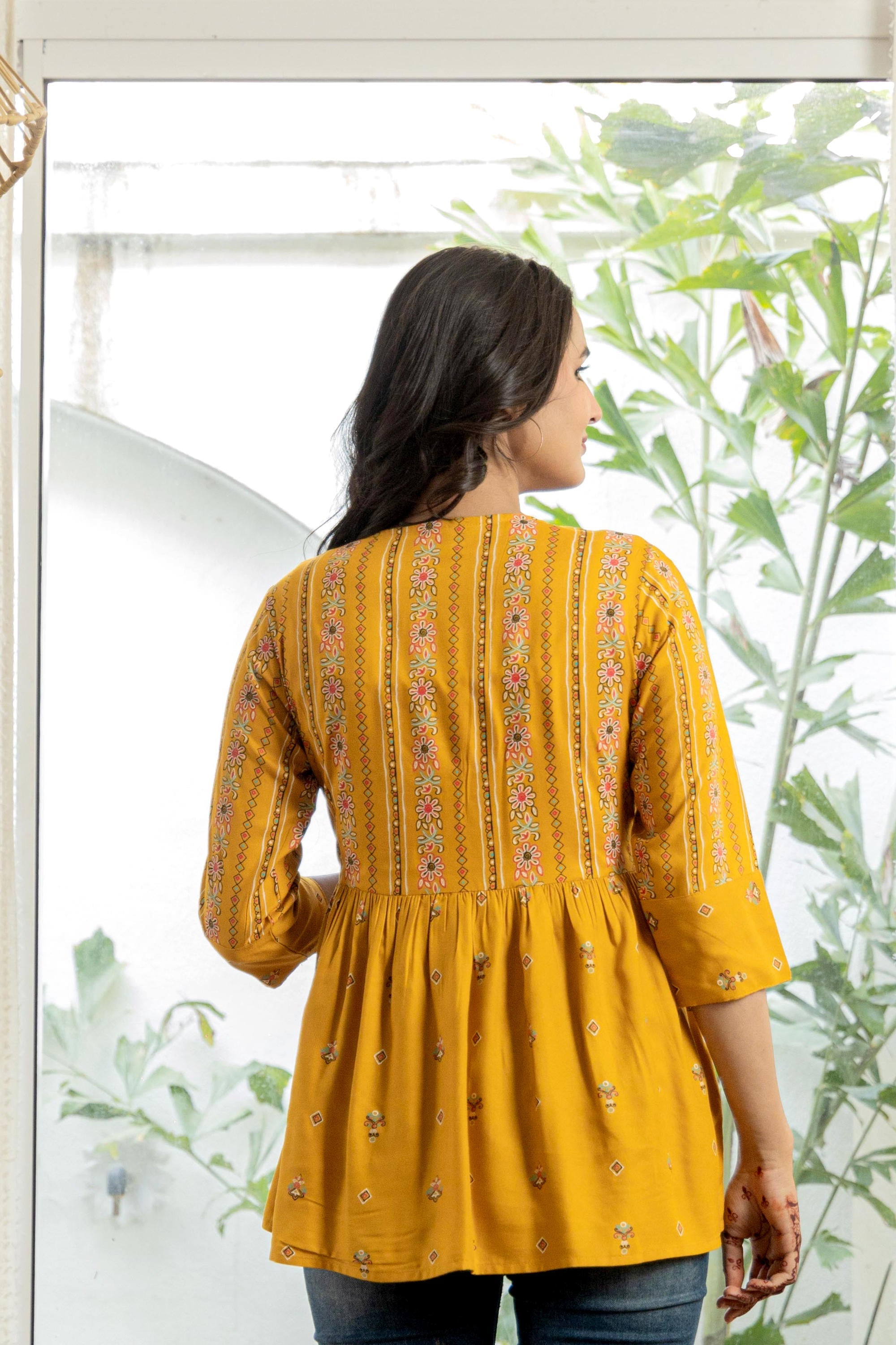 Mustard Floral Printed Viscose Tunic With Buttons