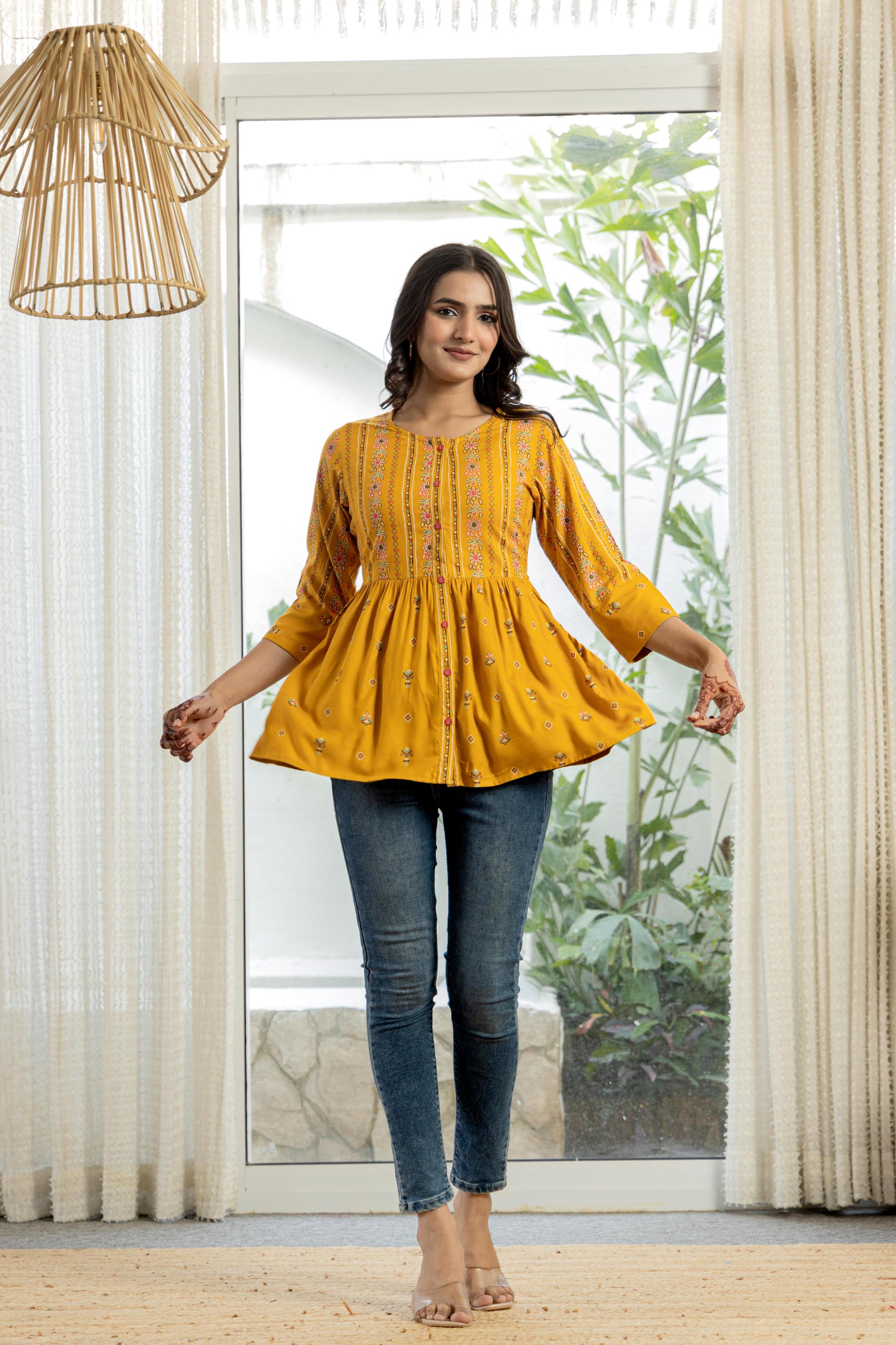 Mustard Floral Printed Viscose Tunic With Buttons