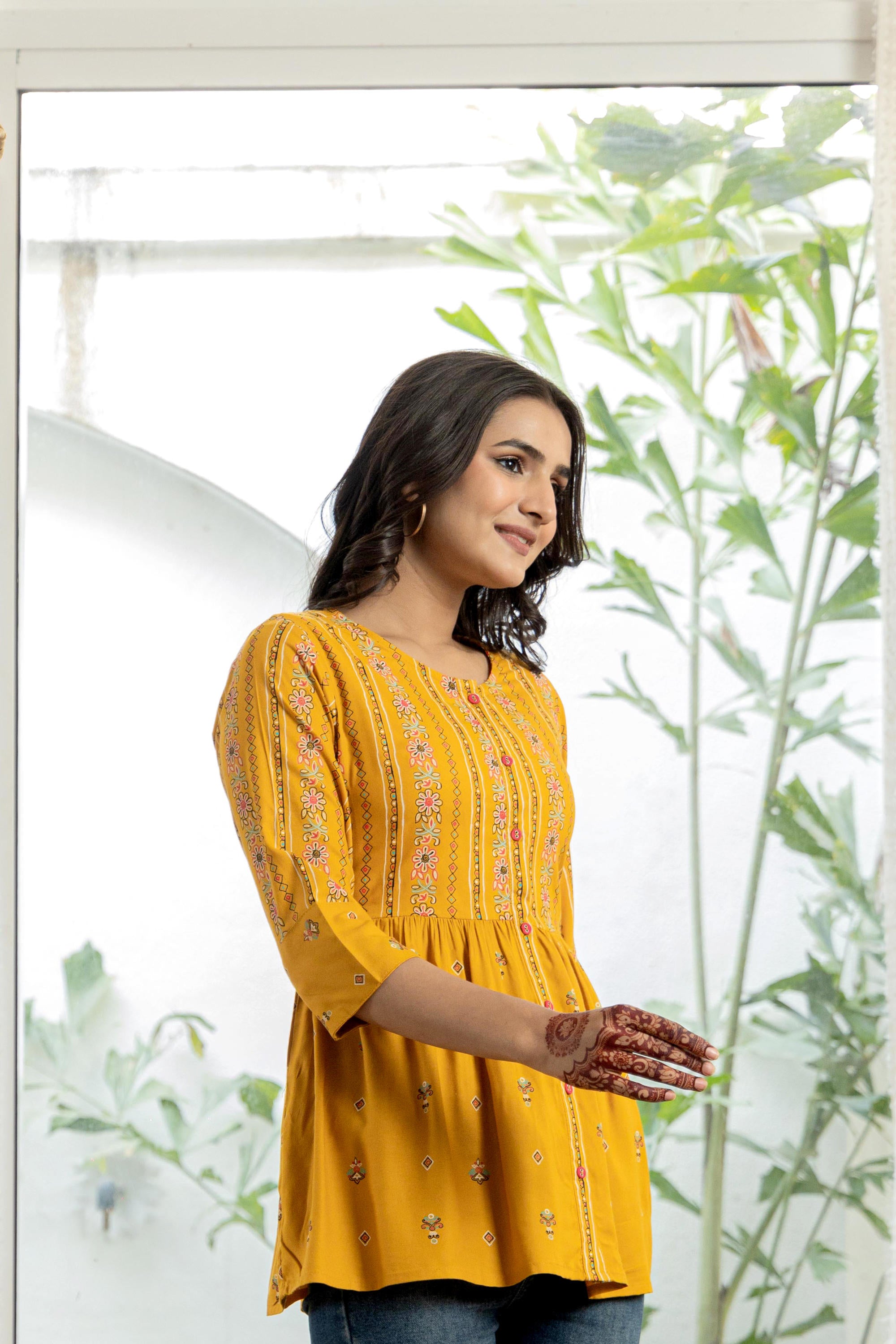 Mustard Floral Printed Viscose Tunic With Buttons