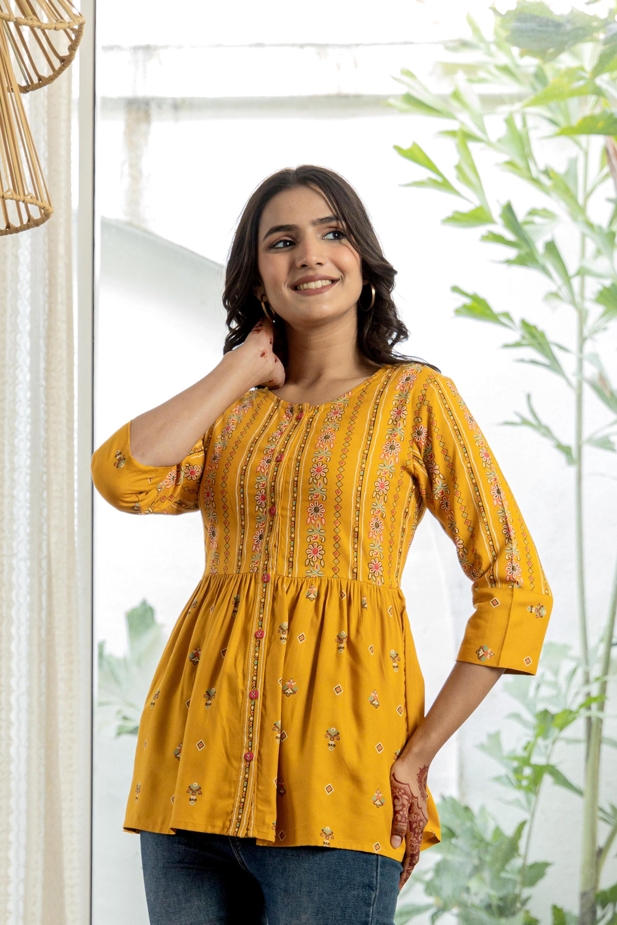 Mustard Floral Printed Viscose Tunic With Buttons