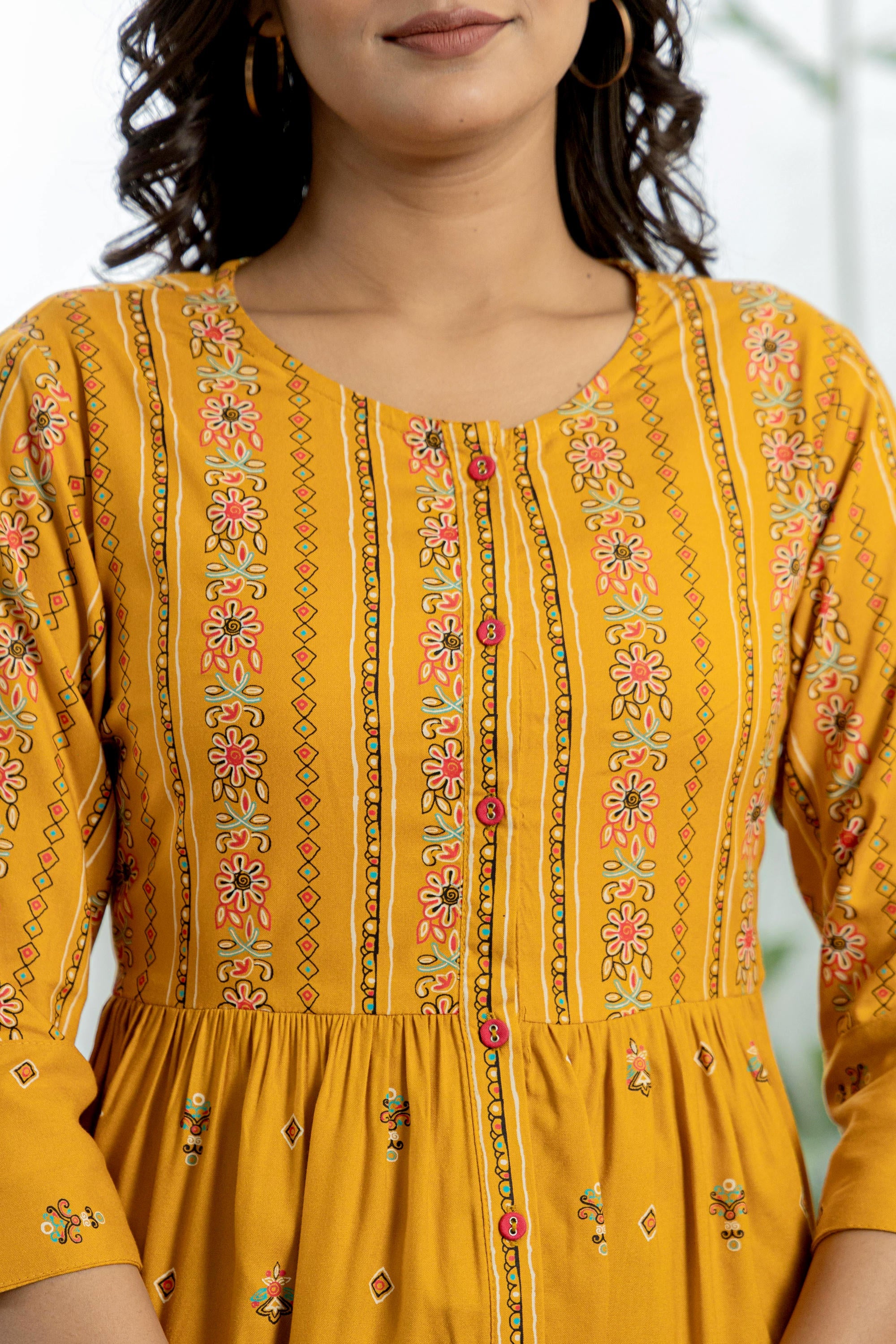 Mustard Floral Printed Viscose Tunic With Buttons