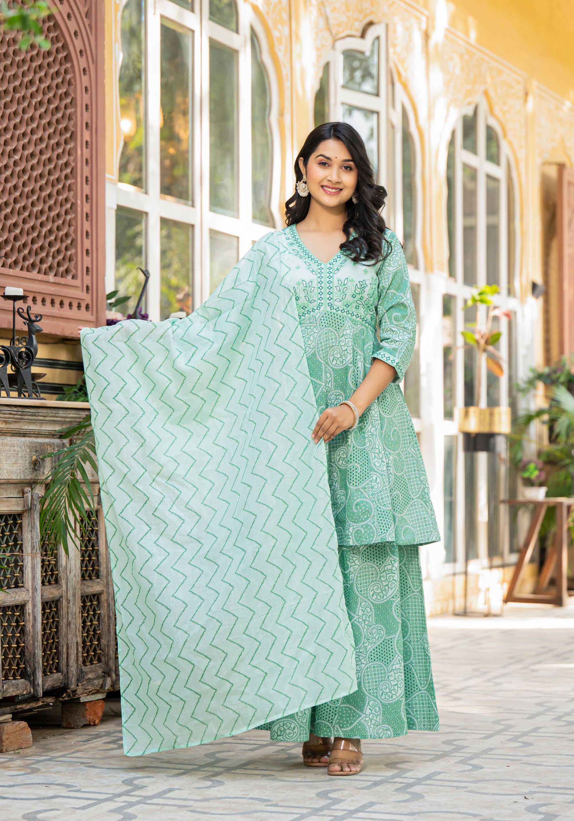Green Ethnic Motif Printed Viscose Kurta Palazzo And Dupatta Set With Thread Work & Sequins